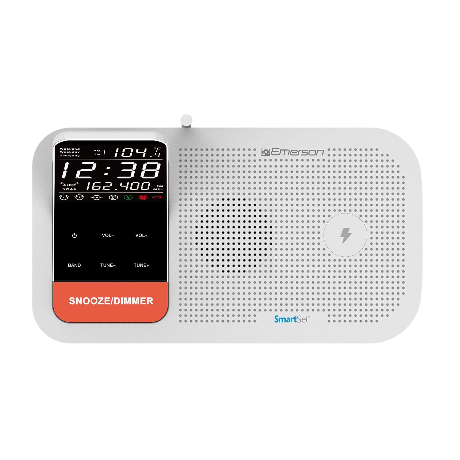 Emerson WBS12 NOAA Emergency Weather Band Clock Radio with Alerts for Hurricane Season – SmartSet Technology, 15W Wireless Charging, USB-C & USB-A, Dual Alarm, Temperature Sensor, 0.6” LCD