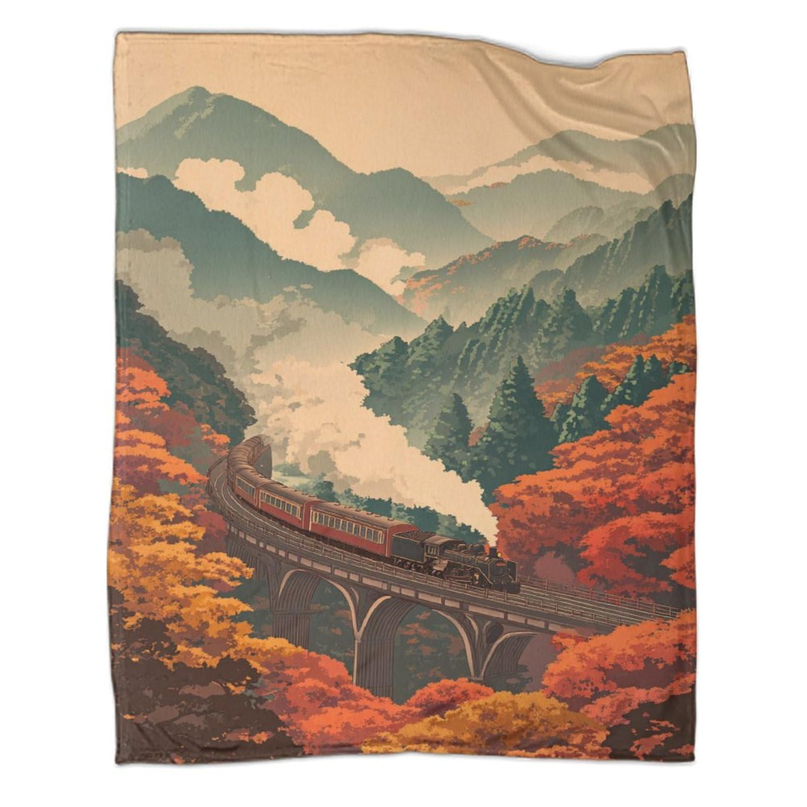 kaiyun A Vintage Japanese Steam Train Travels Across An Overpass Patterned Throw Warm for Camping Outdoor Lightweight for Sofa Bed 60x80inch(150x200cm)