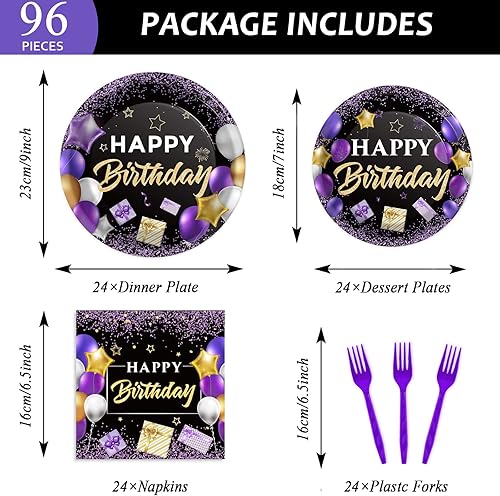Miniatura 2 de Platos y servilletas de cumpleaños morados morados y negros, suministros de fiesta de feliz cumpleaños, juego de vajilla para 24 invitados,