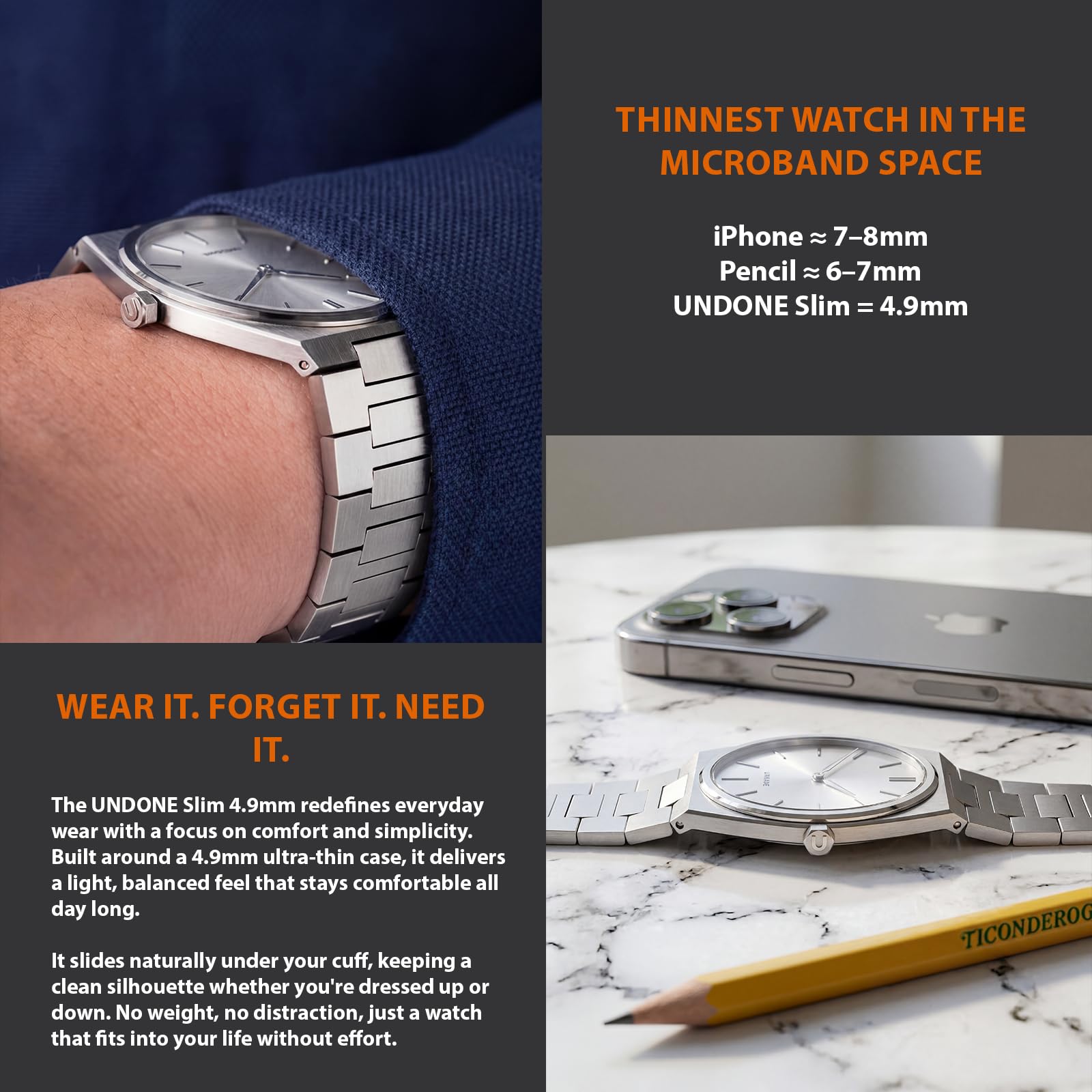 UNDONE Slim – Herrenuhr, Uhren für Herren – 37 mm Edelstahlgehäuse und Armband, Sunray Silver Zifferblatt, Schweizer Ronda 1062 Uhrwerk – Geschenk