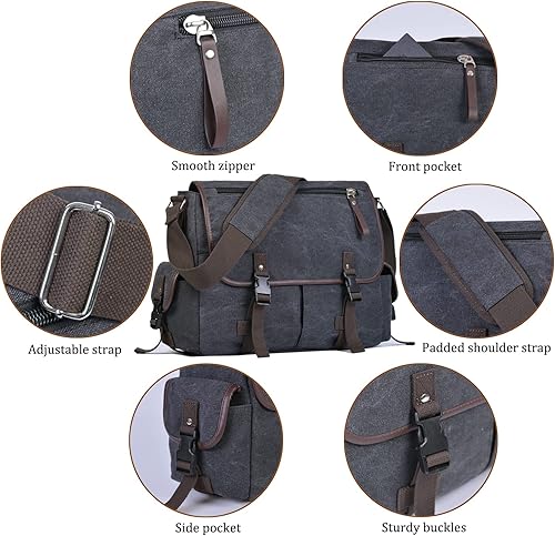 Miniatura 5 de Bolsa de mensajero vintage de lona para laptop de 15.6 pulgadas para hombres y mujeres, bolsa de hombro para computadora universitaria, maletines de