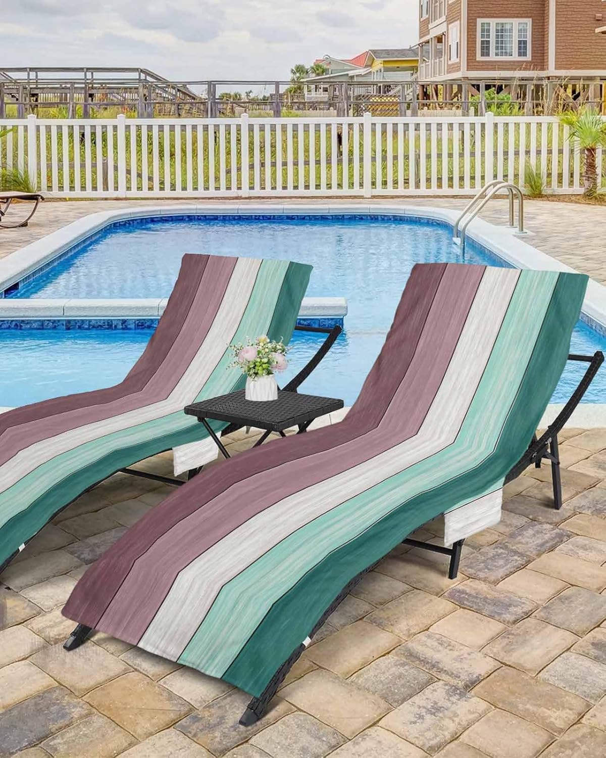 Rustic Wooden Beach Pool Patio Lounge Chaise Chair Cover Towel With Pockets,Absorbent & Quick Dry Microfiber Towel Cover Bag Summer Sunbathing Accessories Gradient Purple Teal Green Shabby Chic Grain