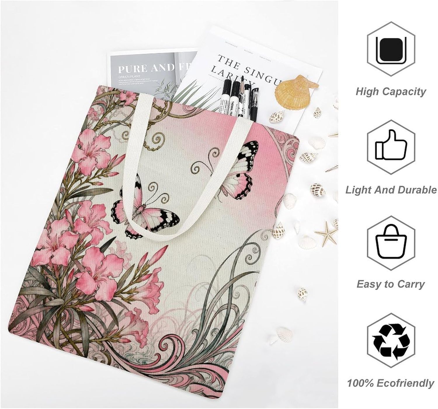 Butterfly Oleander Cluster Canvas Tote Bag Reusable Grocery Bags Foldable Soft Cotton Shoulder Carry Bag