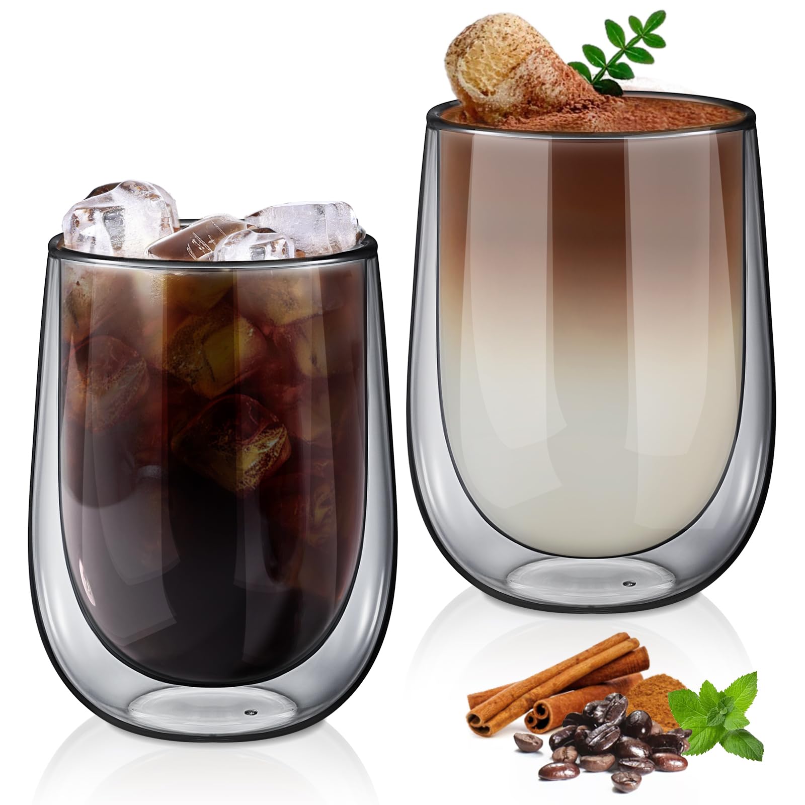 glastal2x350ml Unique Black Double Walled Coffee Glasses Mugs Cappuccino Latte Macchiato Glasses Cups for Coffee Tea Milk Juice Ice Cream Borosilicate Heat Resistant Glass Cups