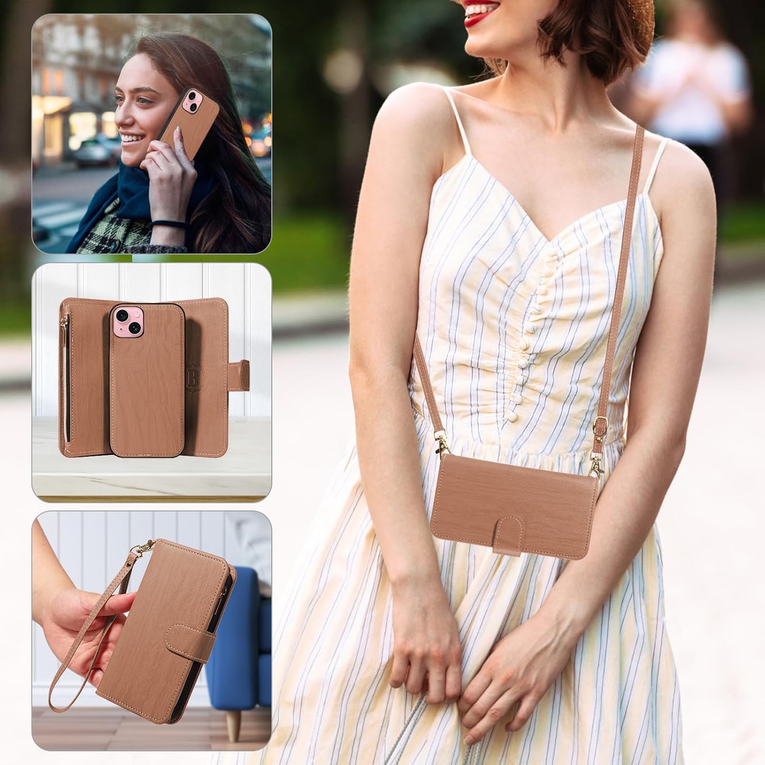 Asuwish Phone Case for iPhone 15 6.1 inch Zipper Wallet Magnetic Detachable Cell Cover with Tempered Glass Screen Protector Crossbody Lanyard Strap Card Holder i Phone15 i15 15Case Women Girls Brown