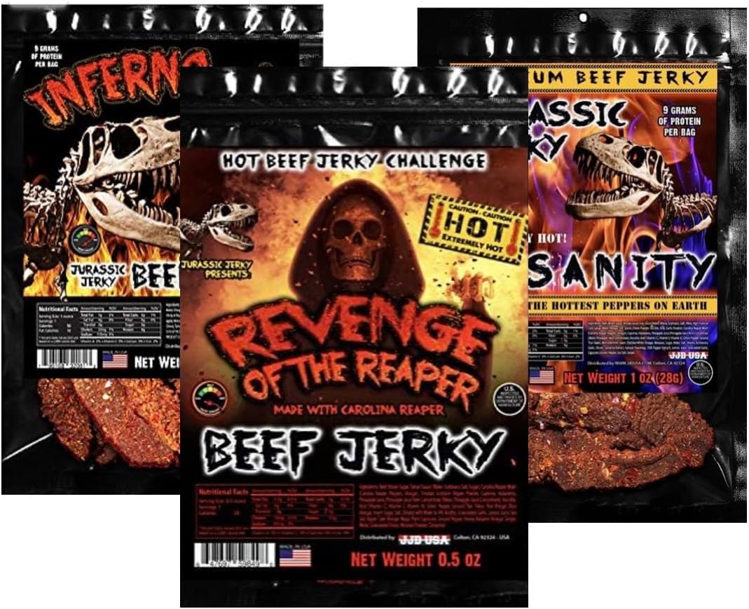 JURASSIC JERKY'S Carnivore Candy Mixed HOT Variety 3- pack Hot beef jerky. Inferno X - 3oz INSANITY -1oz and Revenge Of Reaper .5 oz our Hottest beef jerky