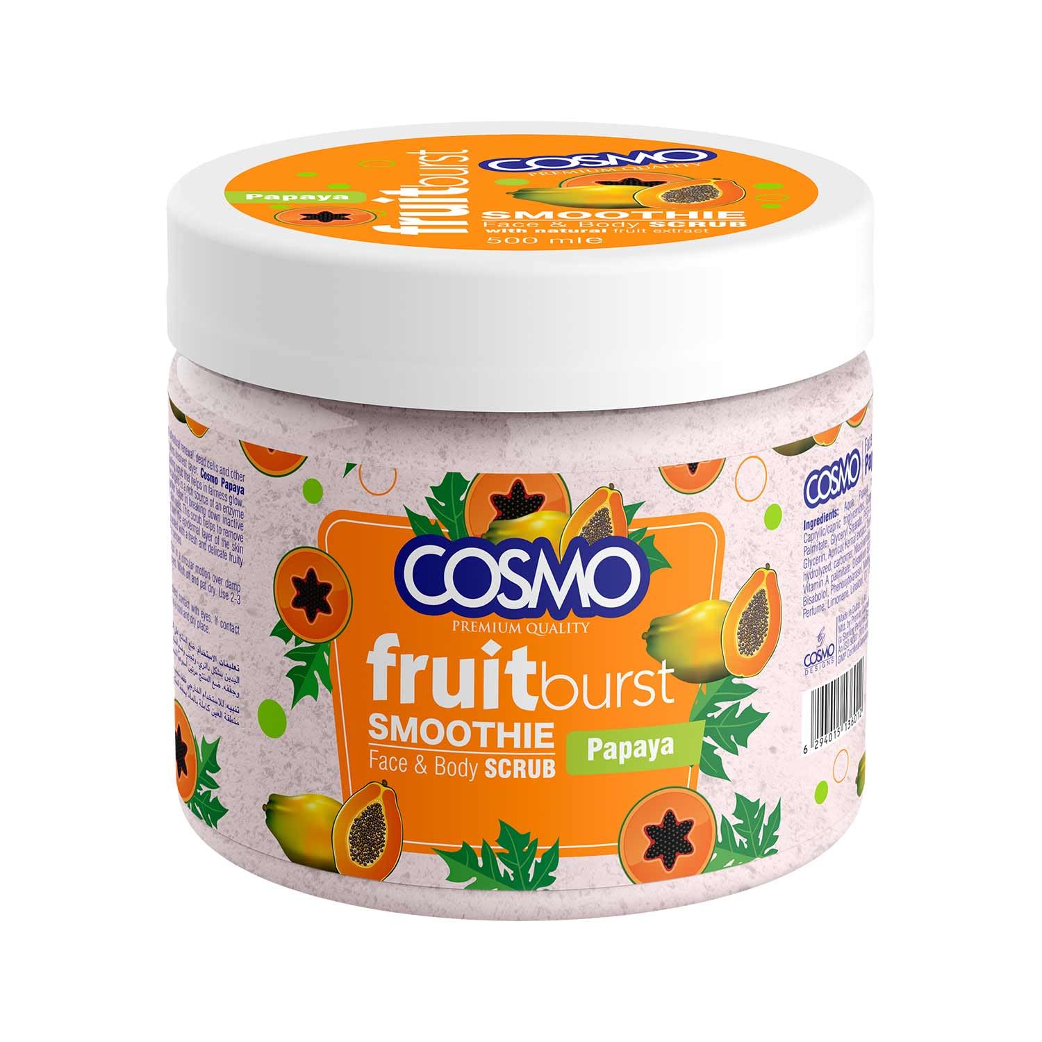 Cosmo Skin Care Premium Papaya Face & Body Scrub 500ml/16.9fl.oz, Smoothie, Refresh & Rejuvenate, Exfoliating Facial Scrub, Youthful Glow, Daily Use, Face & Body Wash, All Skin Types, For Men & Women