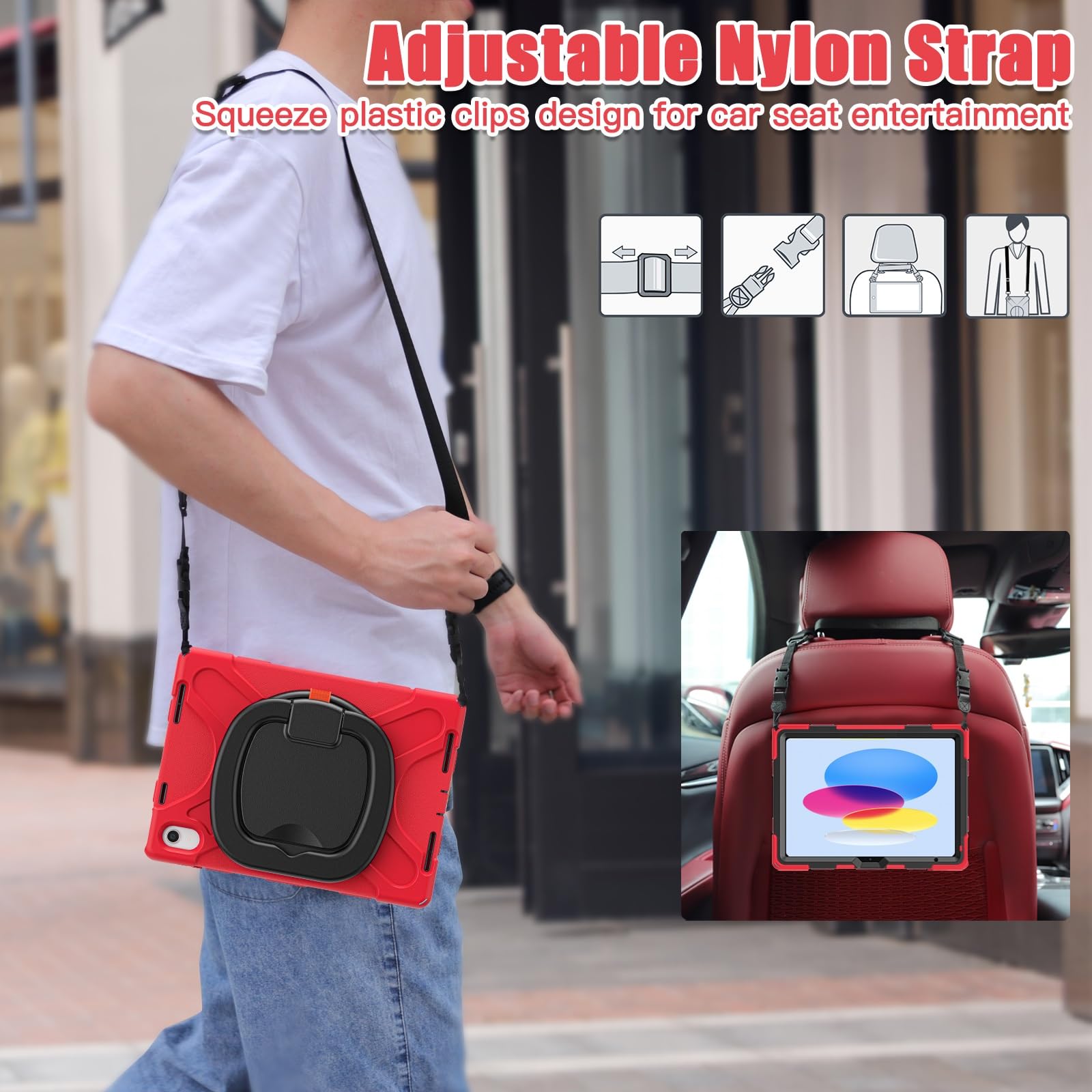 Ochrona tabletu Etui kompatybilne z etui iPad 10. generacji 10,9 cala 2022, odporne na wstrząsy, solidne etui, obrotowa podstawka 360 stopni, pasek na rękę/ramię, wytrzymałe etui na tablet kompatybiln