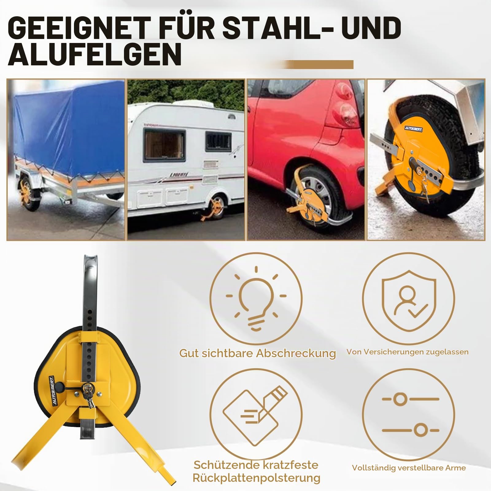 Wegfahrsperre Radkralle Rad Defender Schloss Klemme Reifen Schloss 13-17" Auto Caravan Anhänger Sicherheit Schlüssel