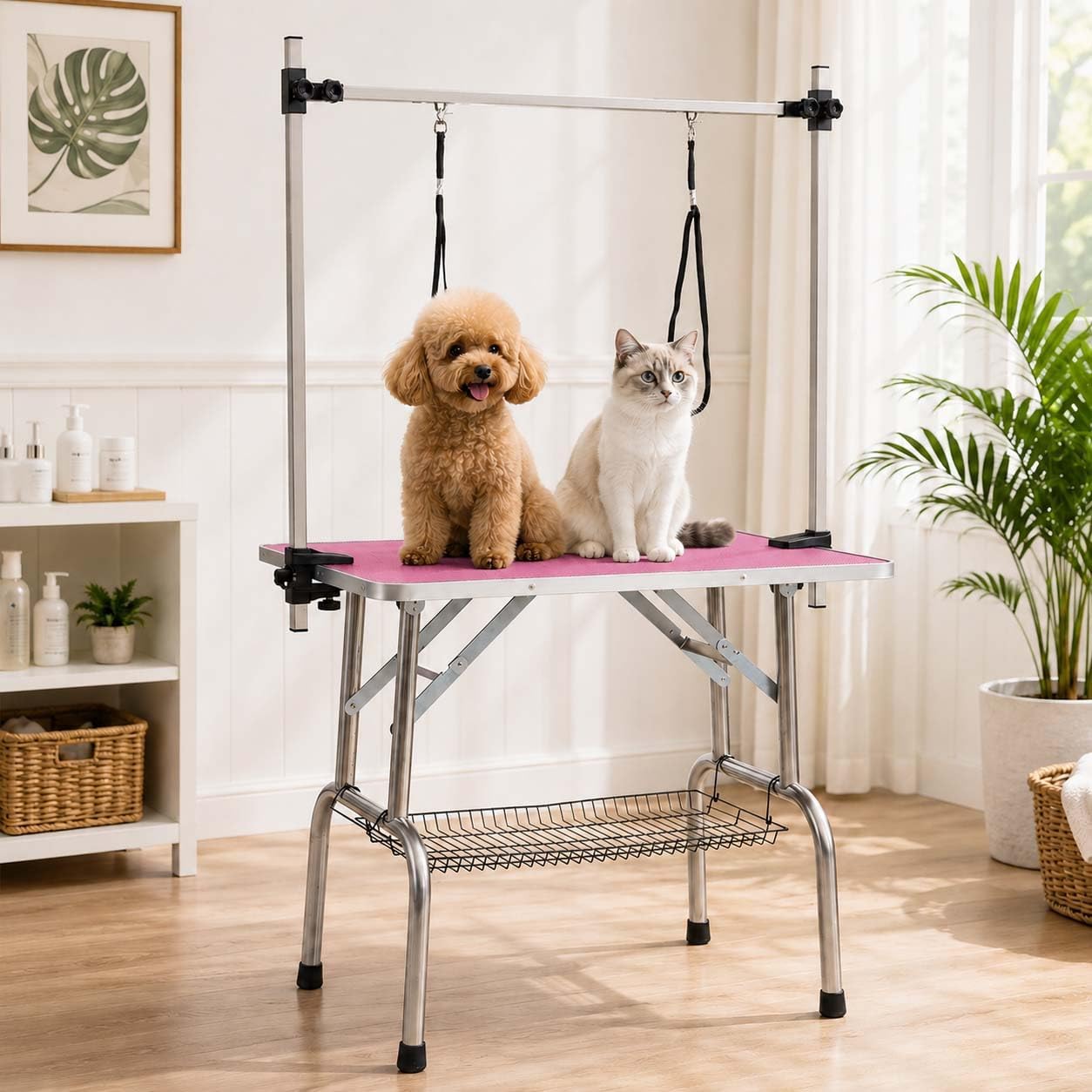 42" Folding Dog Grooming Table with Adjustable Arm & Clamps (Pink, 42")
