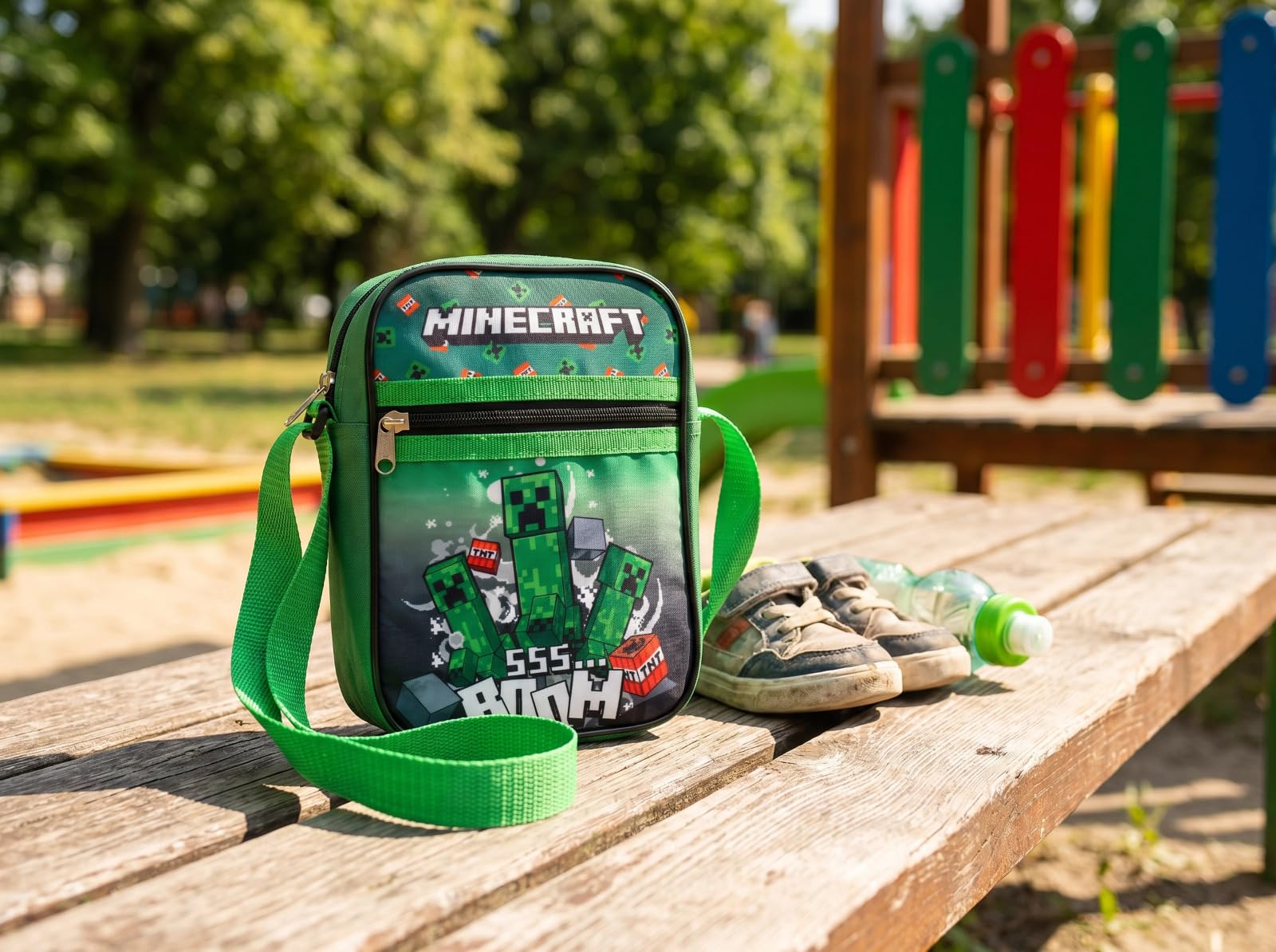 Aymax Minecraft Creeper Kinder Umhängetasche Schultertasche Grün, 21x16x5 cm, Tasche aus 100% Polyester mit Reißverschluss, Freizeittasche für Jungen