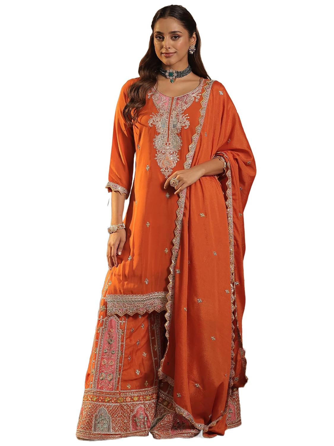 INDO ERA Women's Chinon Ethnic Motifs Embroidered Straight Kurta & Palazzo with Dupatta Set (IESTR133) - Review, Price and Buying Guide