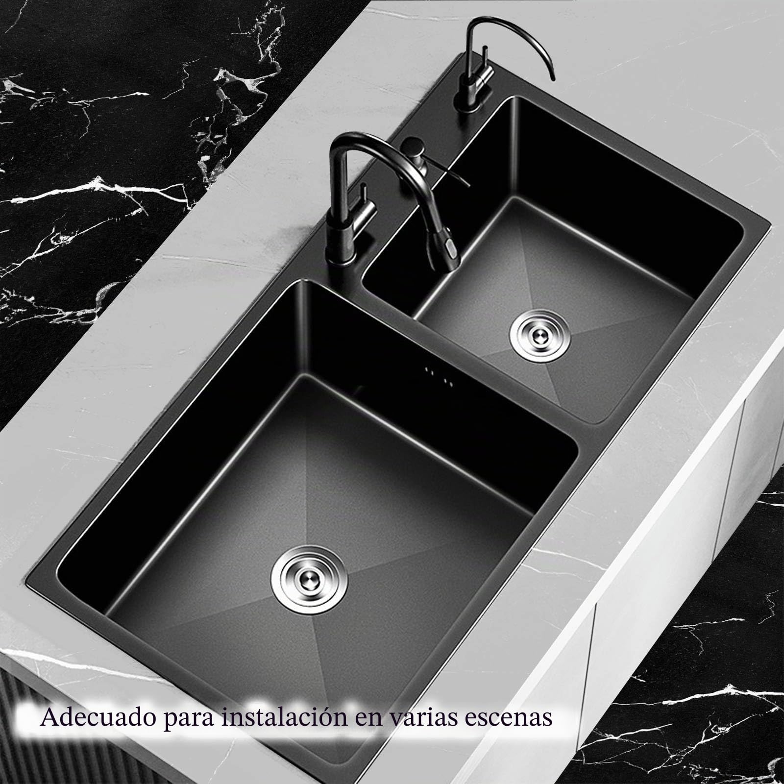 Fregadero cocina 2 seno Fregadero de acero inoxidable Lavabo con Grifo extraíble y accesorios para dispensador de jabón y fregadero. (78 * 43CM, Negro)