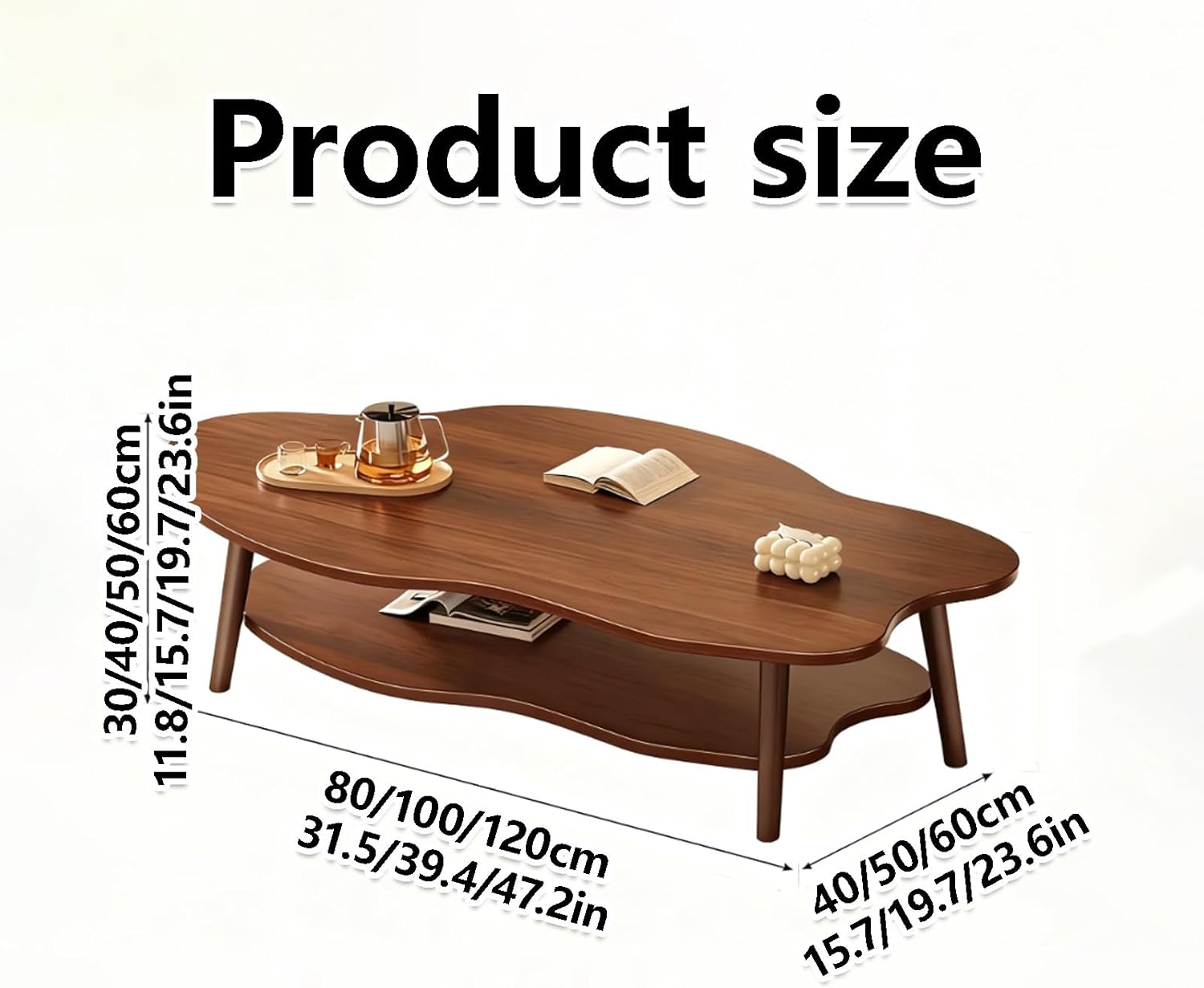 2 Tier Cloud Shape Wooden Coffee Table with Storage, Modern Irregular Center Table，Easy Assembly for Living Room, Bedroom, Apartment, Balcony(80x40x60cm/32x16x24in)
