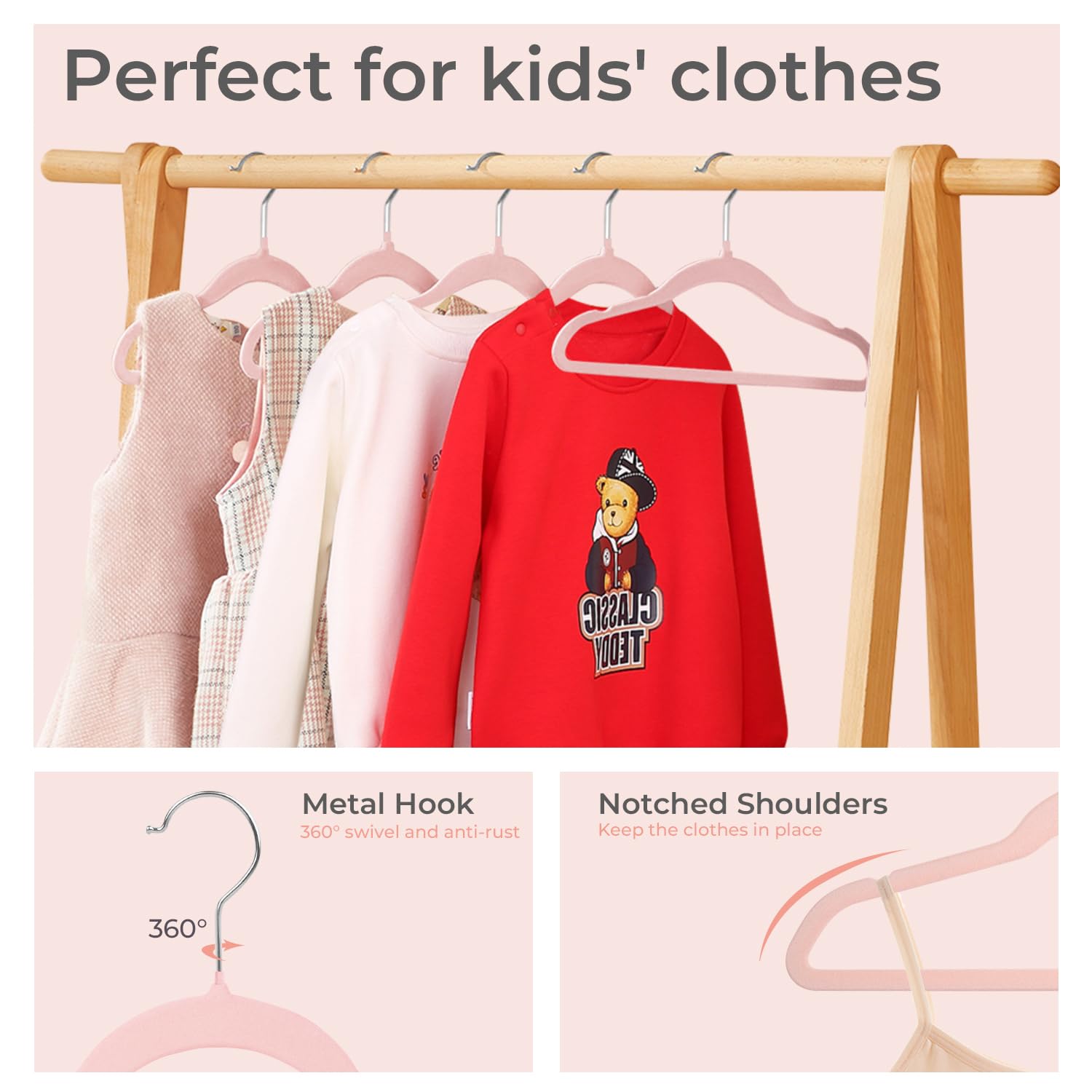 ManGotree Kids Velvet Hangers, Non-Slip Children's Clothes Hangers, Space Saving Schoolchild Hanger with Swivel Hook - Image 3