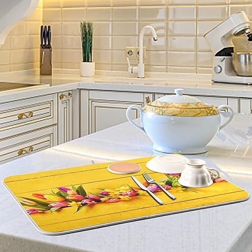 Vista 68 de Tapete de secado de platos de flores de fondo negro para encimera de cocina de 18 x 24 pulgadas, tapete de microfibra absorbente, tapete de secado