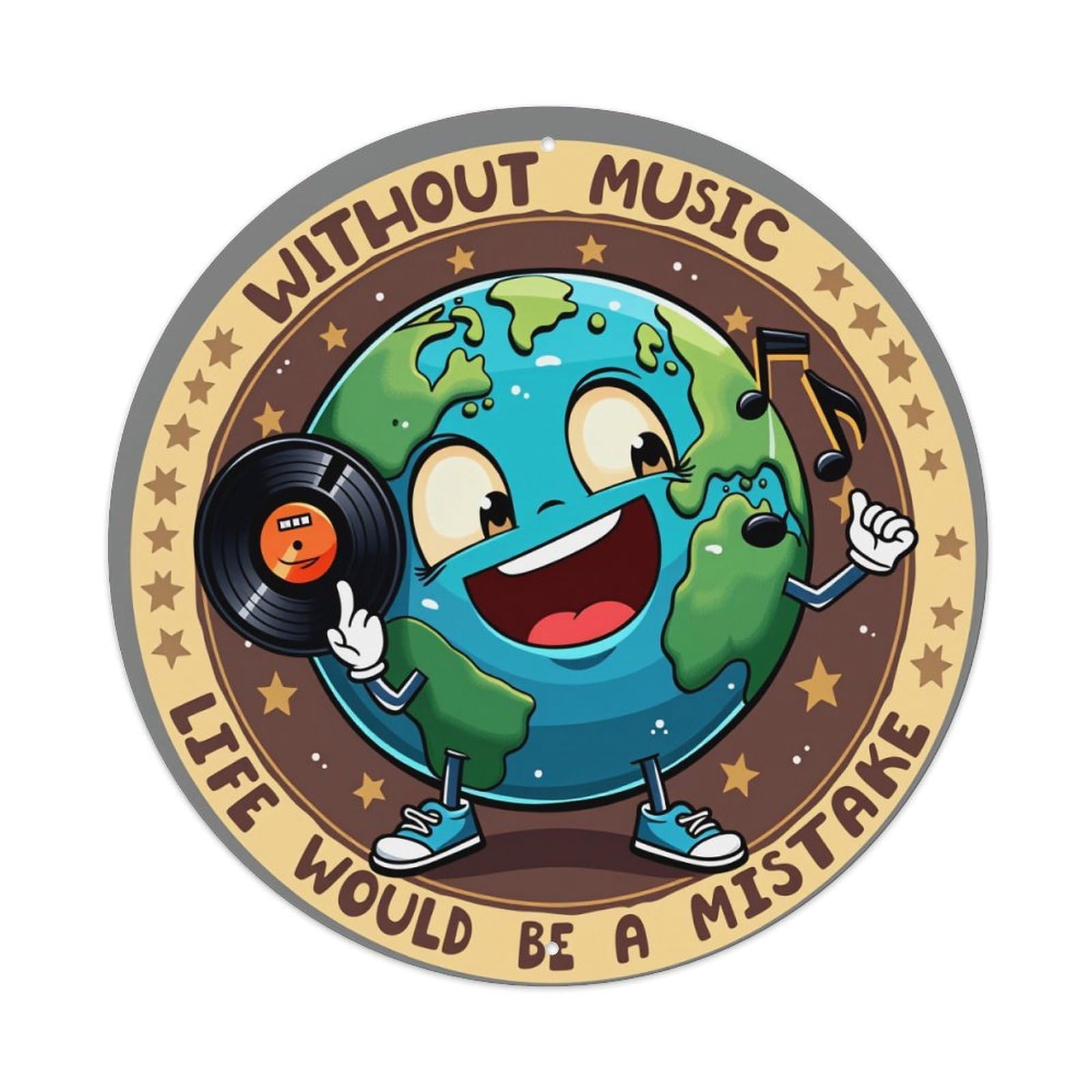 Earth Holding Record Smiling Music Note Round Tin Sign Vintage Style Metal Sign Home Bar Garden Wall Plaque Decor Metal Poster 8x8 Inch
