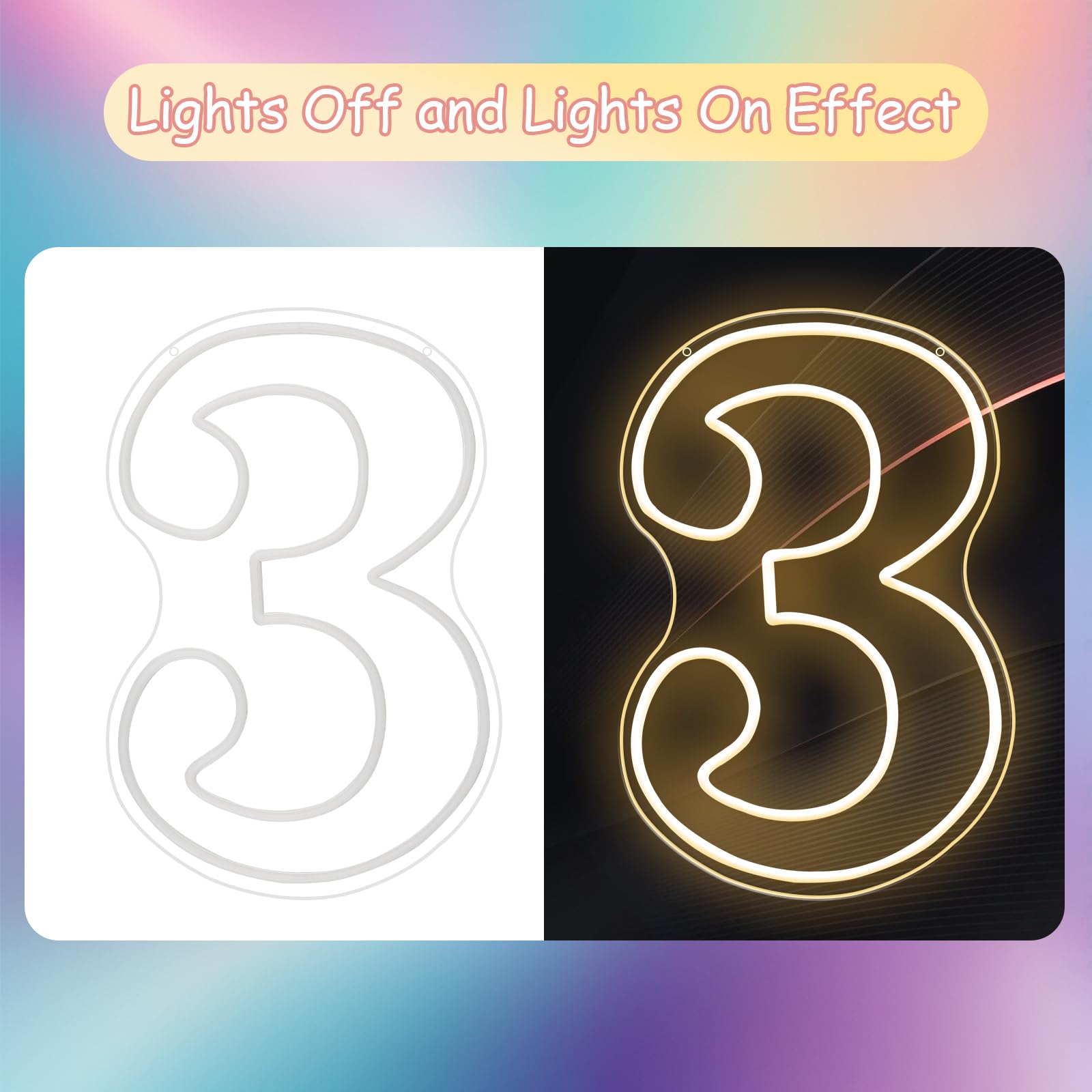 Numero 3 Segno Luminoso LED Neon Sfondo 42 cm Decorazione Festa di Compleanno Bianco Caldo Numero Uno Segno Luminoso Numero Grande Segno Luminoso per Festa di Compleanno Notte Festa
