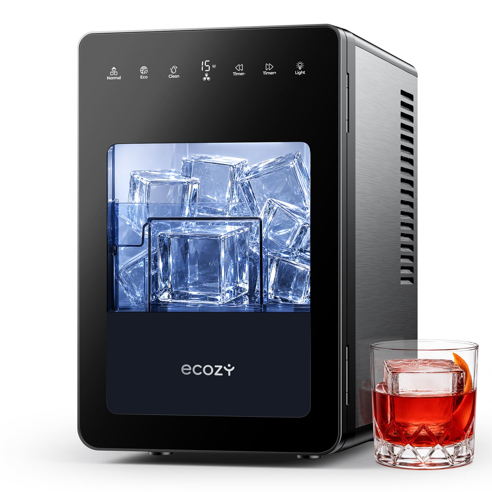 ecozy Macchina per Ghiaccio con Cubi Trasparenti da 50 mm, Ghiaccio Cristallino in 30 Min con Modalità Eco, Timer 24 Ore, Display LED, 96 Cubi al Giorno, Tecnologia CrystalFlux, per Home Bar e Whisky