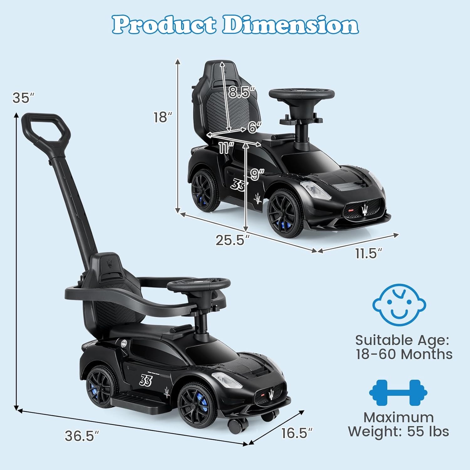 INFANS 3 in 1 Push Car for Toddlers, Licensed Maserati Baby Stroller Sliding Walking Car with Push Handle, Horn, Music, Underneath Storage, Foot-to-Floor Ride on Toys for Boys Girls (Black)