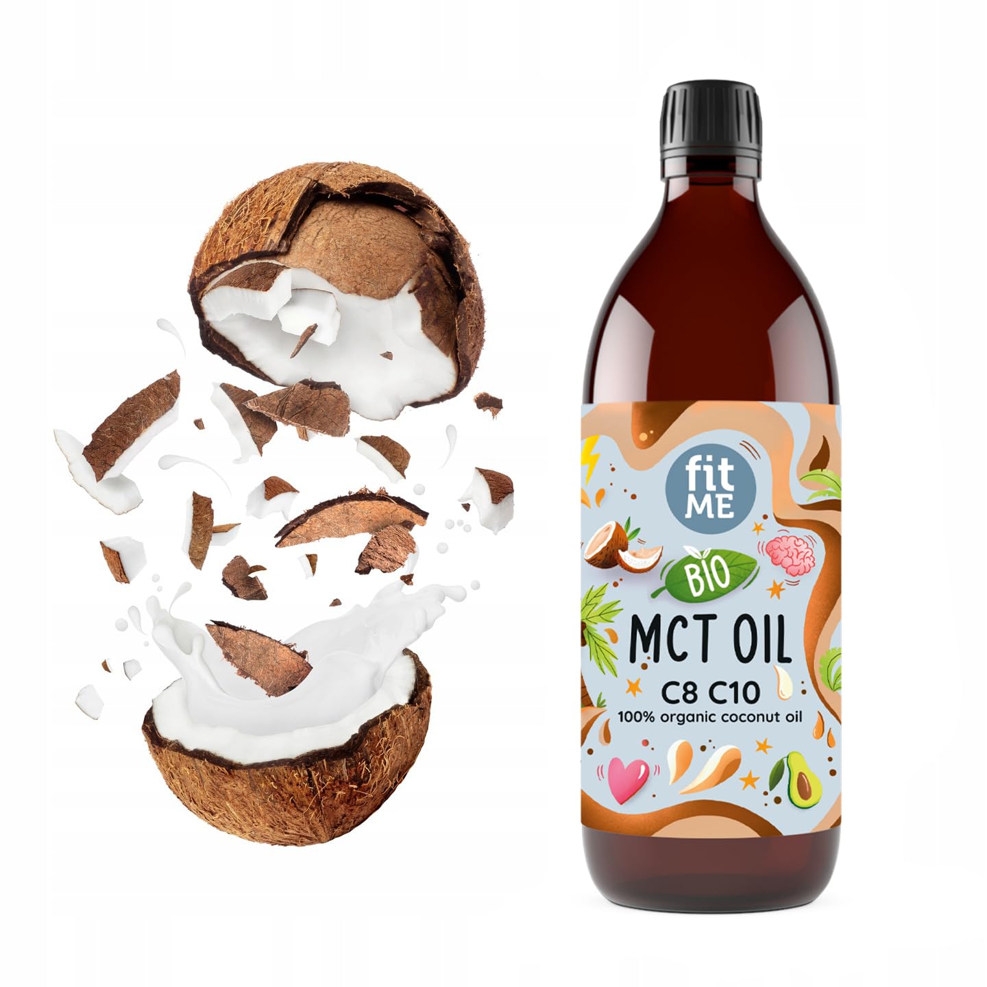 fitME MCT Öl auf Kokosölbasis 500 ml, BIO MCT-Oil mit C8 & C10 Fettsäuren, 60% Caprylsäure & 40% Caprinsäure, für Keto-Diät, Geschmacksneutral für Kaffee, Smoothies, Shakes & Dressings, ohne Pumpe
