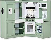 Best Choice Products Sage Wooden Corner Kitchen Playset for Kids - Interactive Lights, Sounds, Ice Maker, Pretend Play Fun