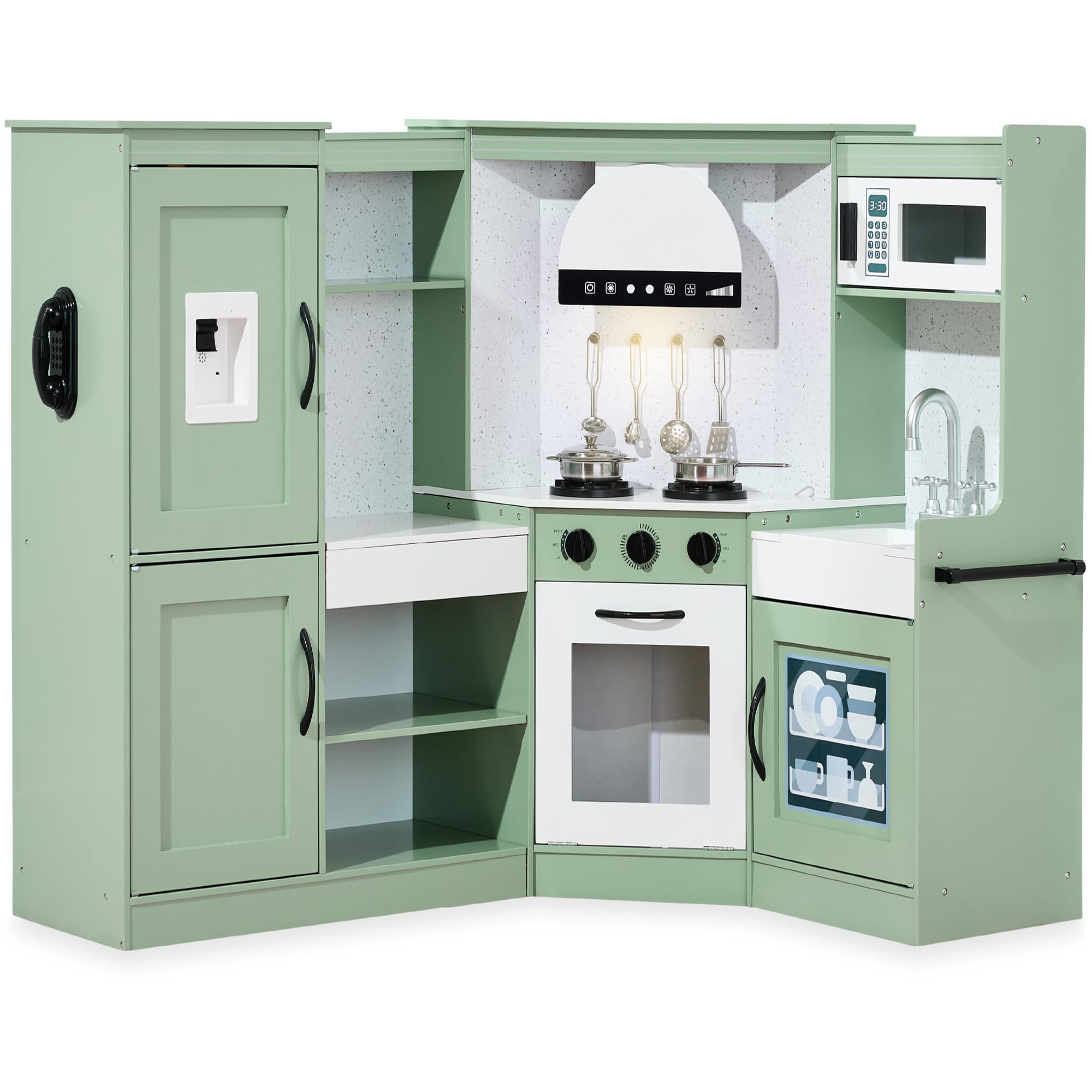 Best Choice Products Pretend Play Corner Kitchen, Ultimate Interactive Wooden Kids Playset w/Lights & Sounds, Ice Maker, Hood - Sage