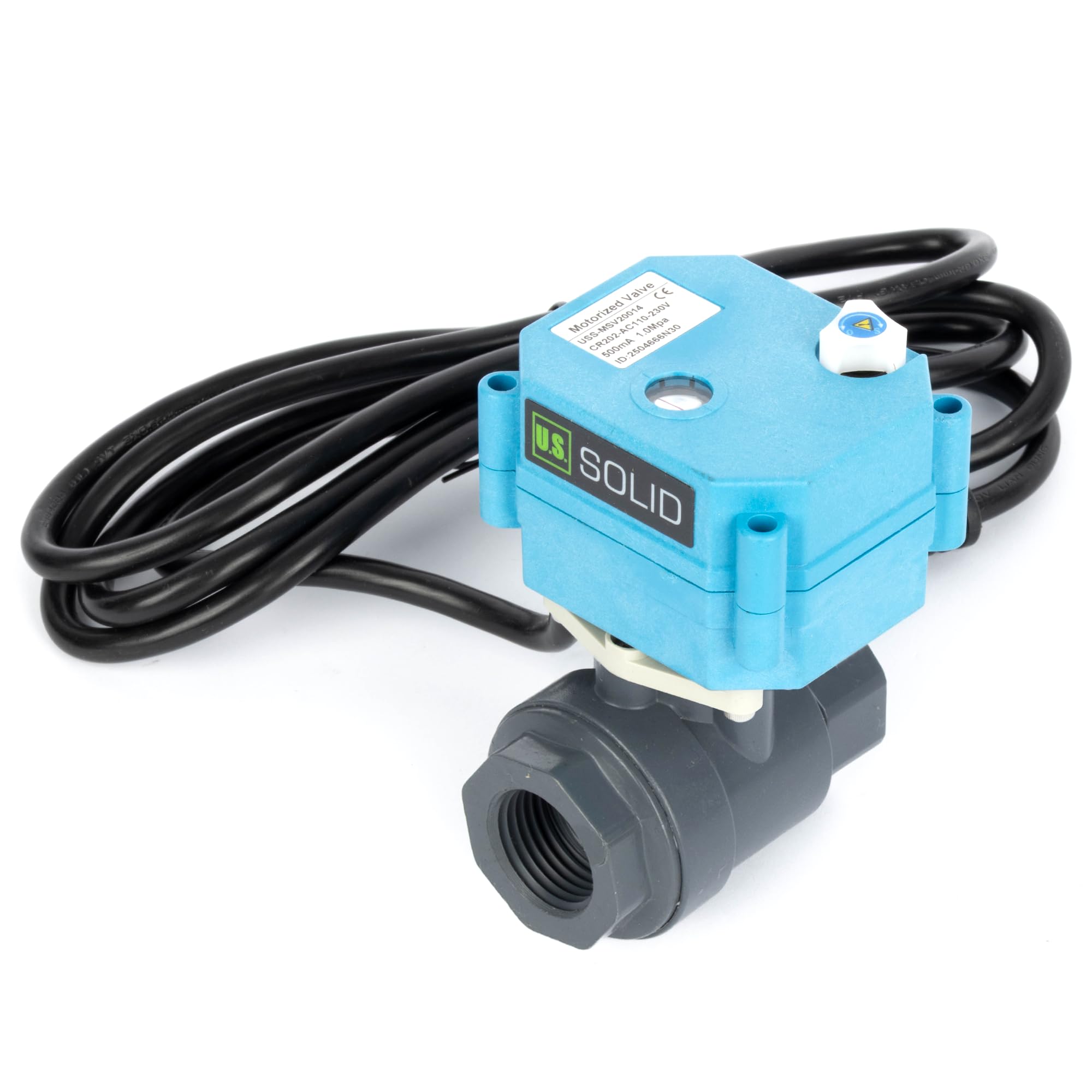 U.S. Solid Válvula de bola de motor de PVC de 3/4" CA 110-230 V con enchufe de la UE - Válvula de bola de plástico eléctrica, IP67 impermeable, retorno automático, cerrado sin corriente, sobrecontrol