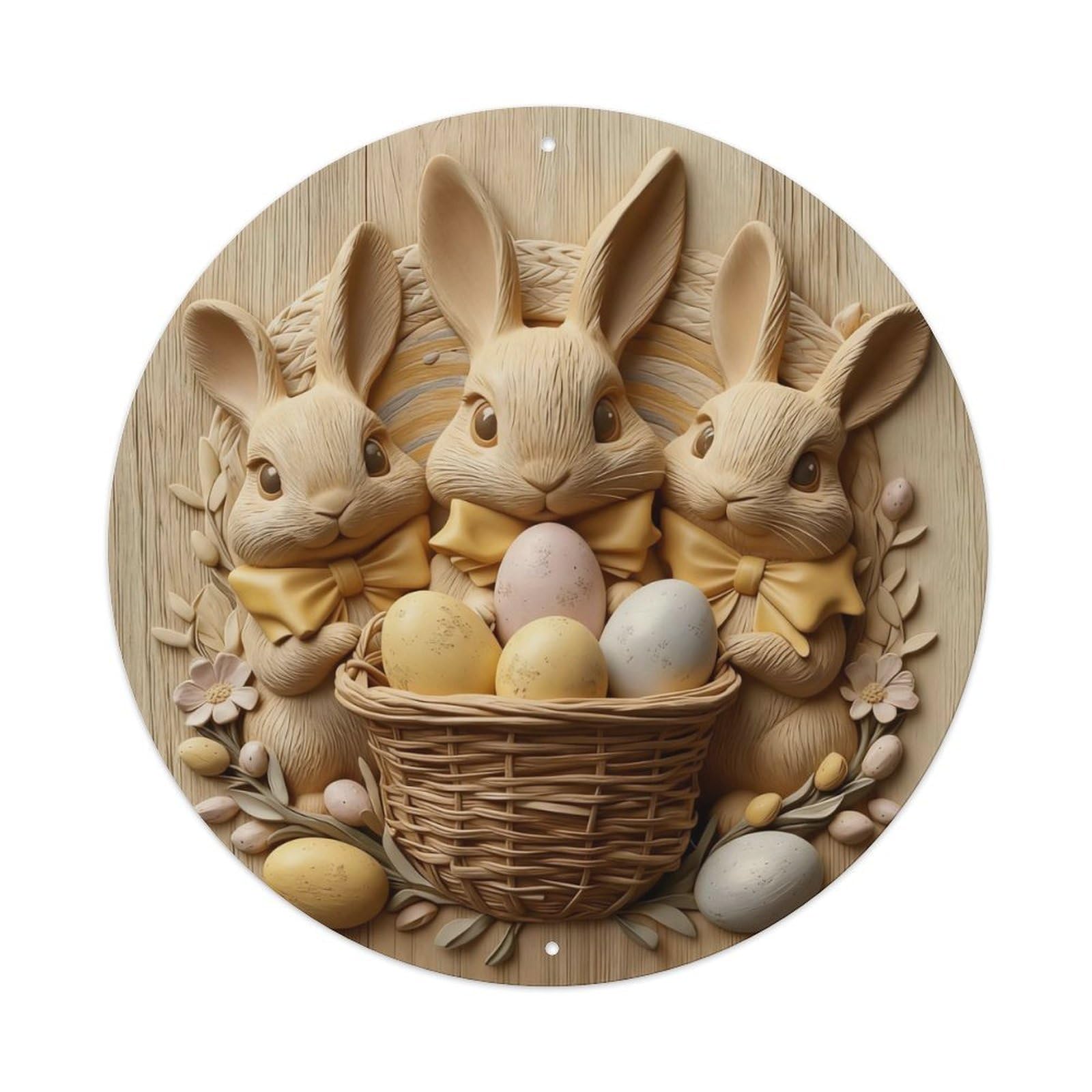 Zlatcbu Vintage Easter Bunnies Basket Eggs Flowers Wood Metal Tin Sign Retro Wall Art Poster, Decor For Home Living Room Bar Cafe Garage, 8X8 Inch