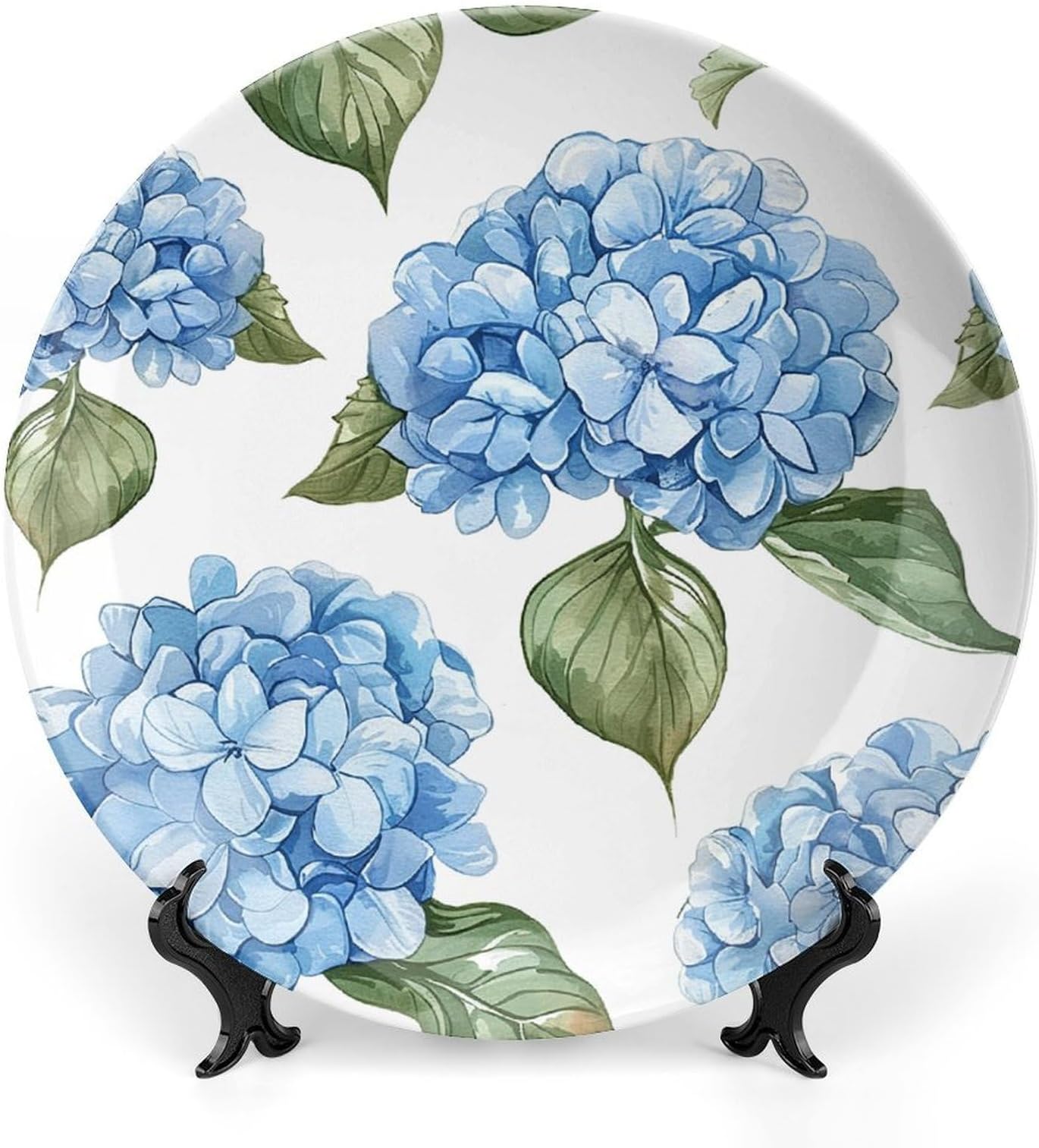 Ceramic Decorative Plate Decorative Plates Personalized Blue Hydrangea Pattern Printed Porcelain Plate with Vertical Stand for Home Office Wall Hanging Decor