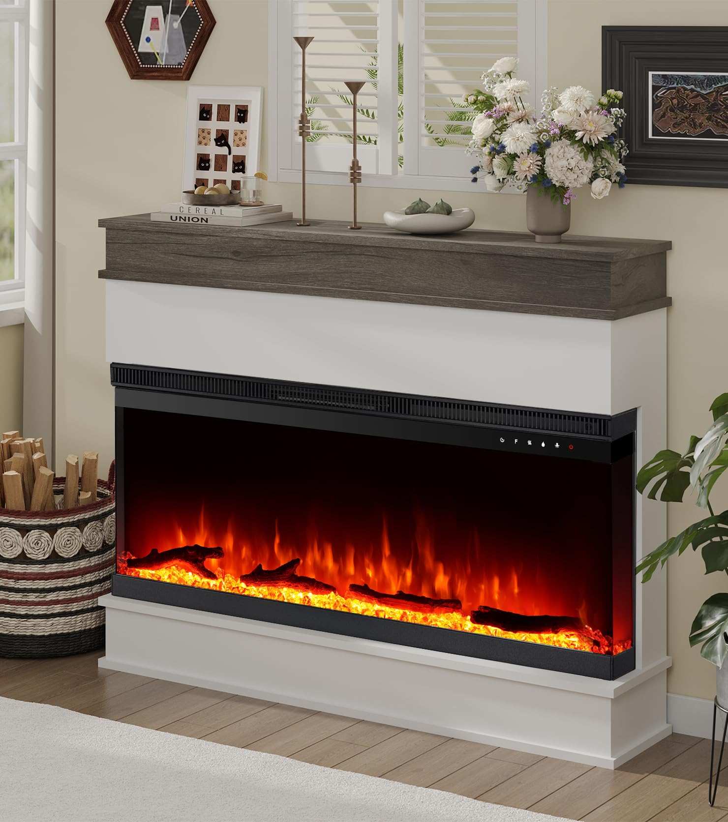 M.C.Haus Inserto elettrico a 3 lati - Camino minimalista - 12 colori effetto fiamma - 1800/900 Watt - Telecomando - Legno e cristalli (50", bianco)
