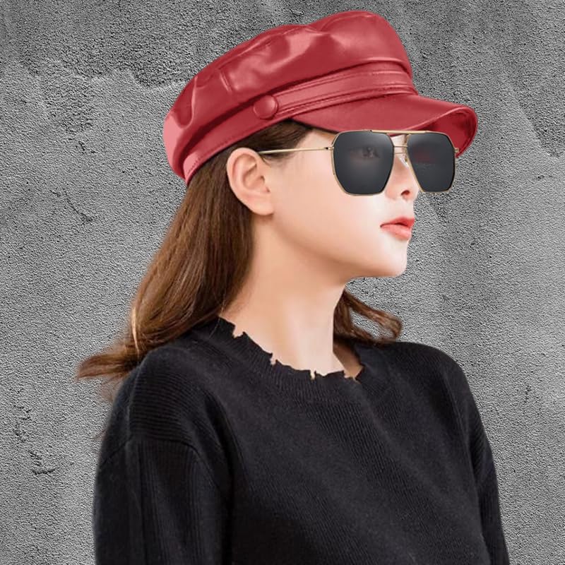 MINGSEECESS Women PU Leather Newboy Hat Captain Sailor Hats Ladies Cabbie Peaked Beret lvy Cap Red