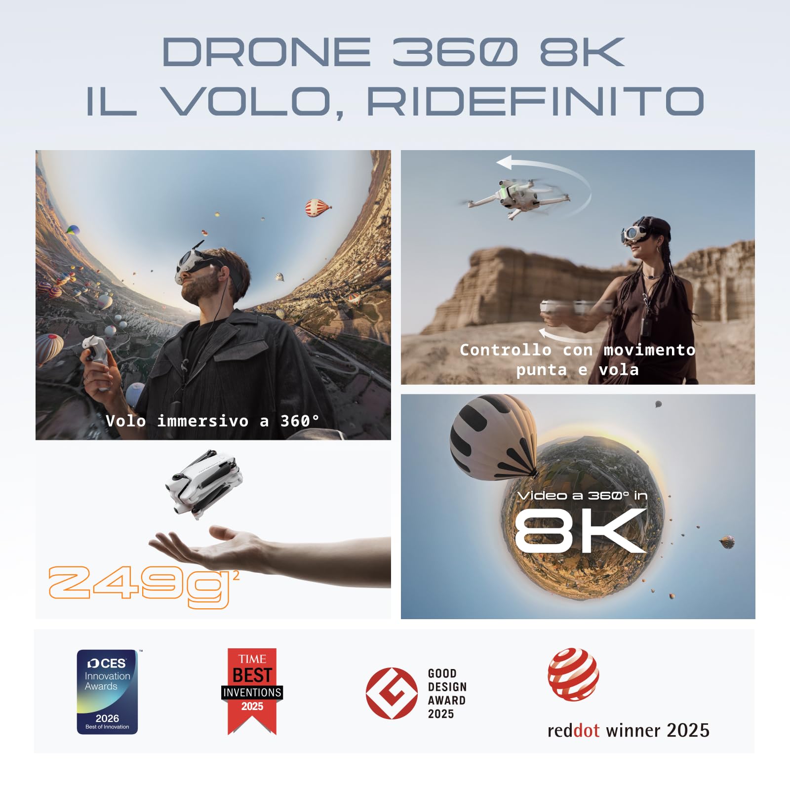 Antigravity A1 Pack Explorer (3 batterie) – Drone 360 8K immersivo, Punta e vola, anticollisione, 249 g e pieghevole, Deep Track, ritorno automatico, fino a 10 km, editing automatico