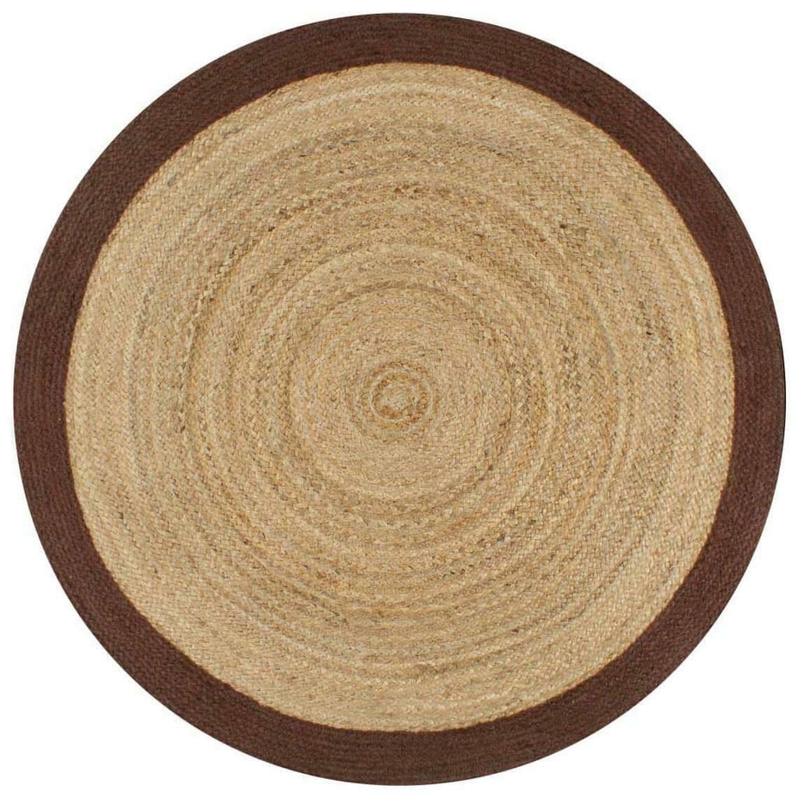 Dywan z juty w nowoczesnym stylu, okrągły, ręcznie pleciony dywan do salonu (beżowy z brązową obwódką, 210 cm x 210 cm)