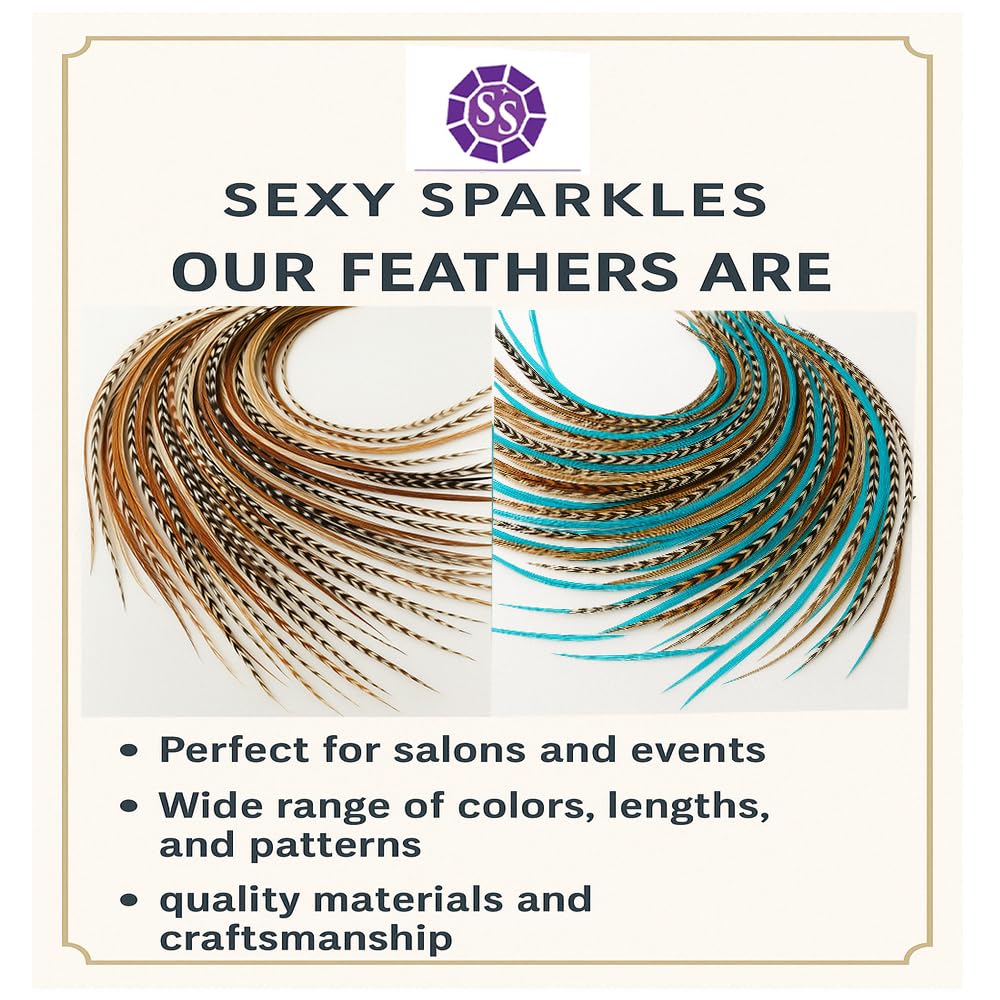 Sexy Sparkles - Kit di 25 extension per capelli con piume, 17,8 - 33 cm, 100% vere piume di gallo, ciocche lunghe e naturali (viola, blu, acqua, grizzly)