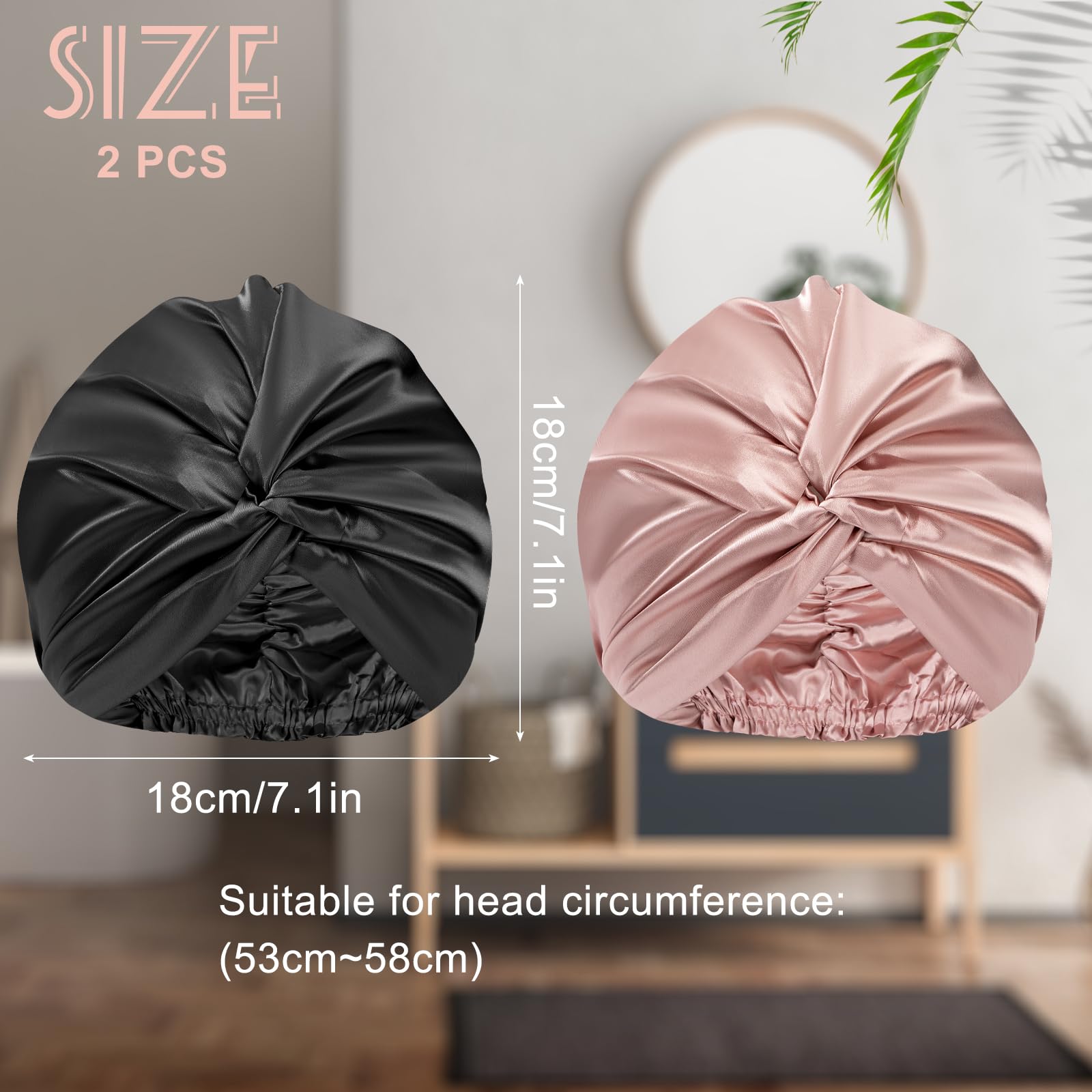 Cappello da Notte in Raso Cuffia da Donne con Fascia Elastica Berretto di Satinato 2 Pezzi Nero Champagne per Dormire