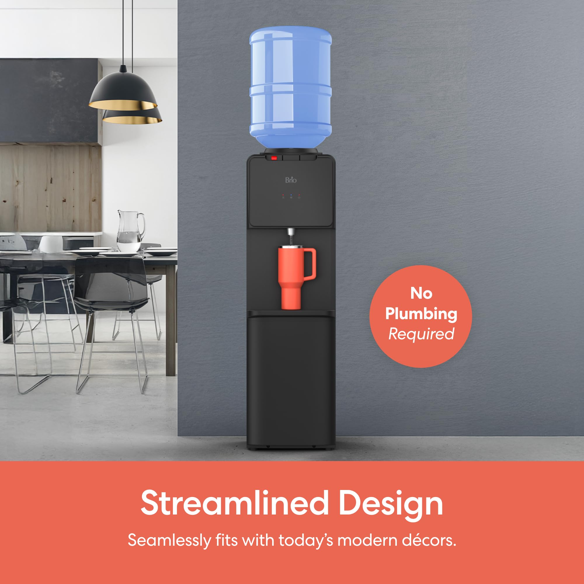 Brio CLTL130 Serie 130 Dispensador de Enfriador de Agua de Carga Superior para Botellas de 3 y 5 galones, frío y Caliente, Carga sin derrames, Bloqueo de Seguridad Infantil, Energy Star 3.0, Negro