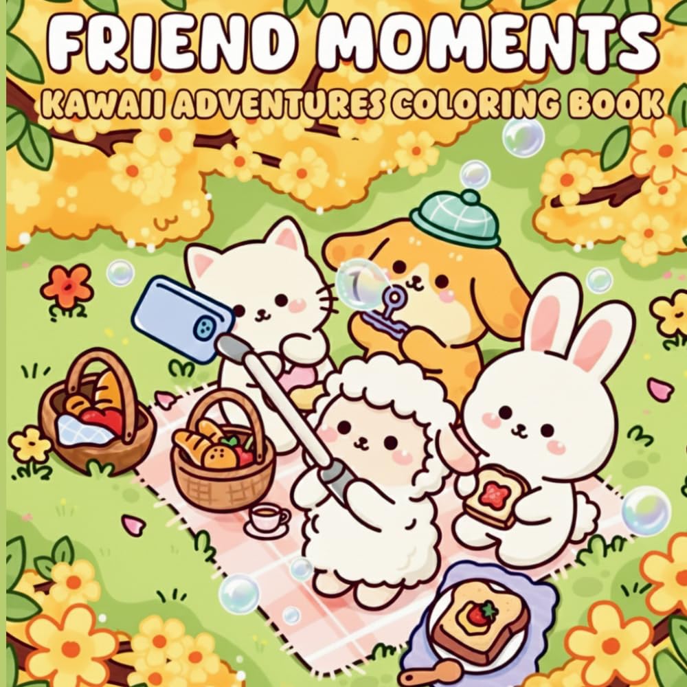 Friend Moments - Kawaii Adventures Coloring Book: 41 Unique Kawaii Illustrations for Adults and Teens – Cute Animal Friends, Cozy Gatherings & Joyful Everyday Adventures