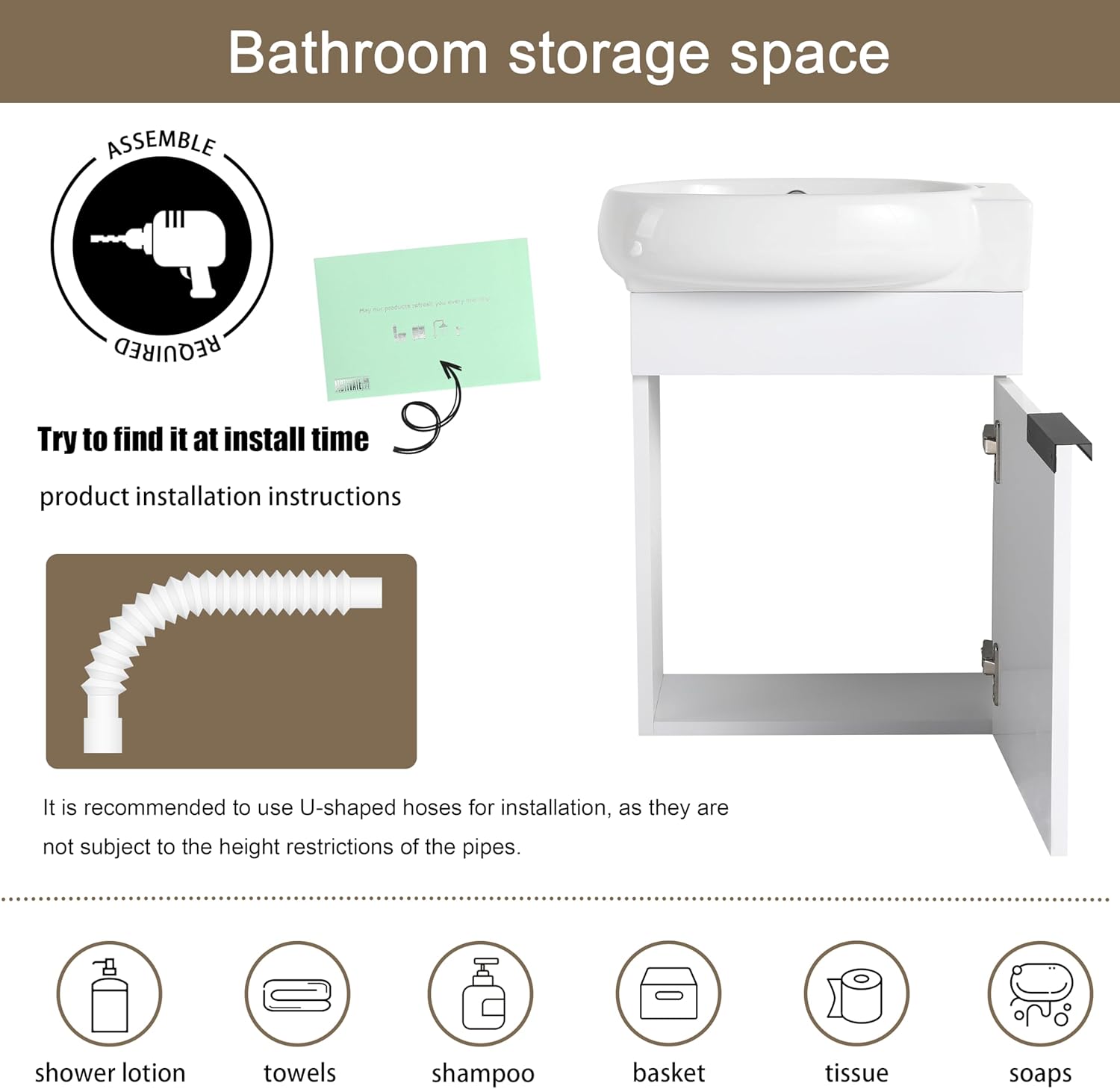 Malwee 16" Floating Bathroom Vanity, 16 Inch Single Sink Wall Mounted Bathroom Vanity, with 1 Door and White Ceramic Sink Top for Small Space, Modern Wall Hung Cabinet Storage (029-16GWH)