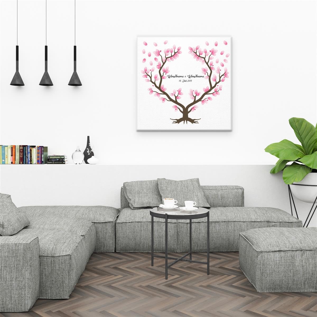 Madyes Płótno Ślub Odcisk palca Księga gości Spersonalizowane Drzewo Serce dla młodej pary jako prezent, dekoracja ślubna, imiona z datą. 50 x 50 cm rozmiar na blejtramie drewno