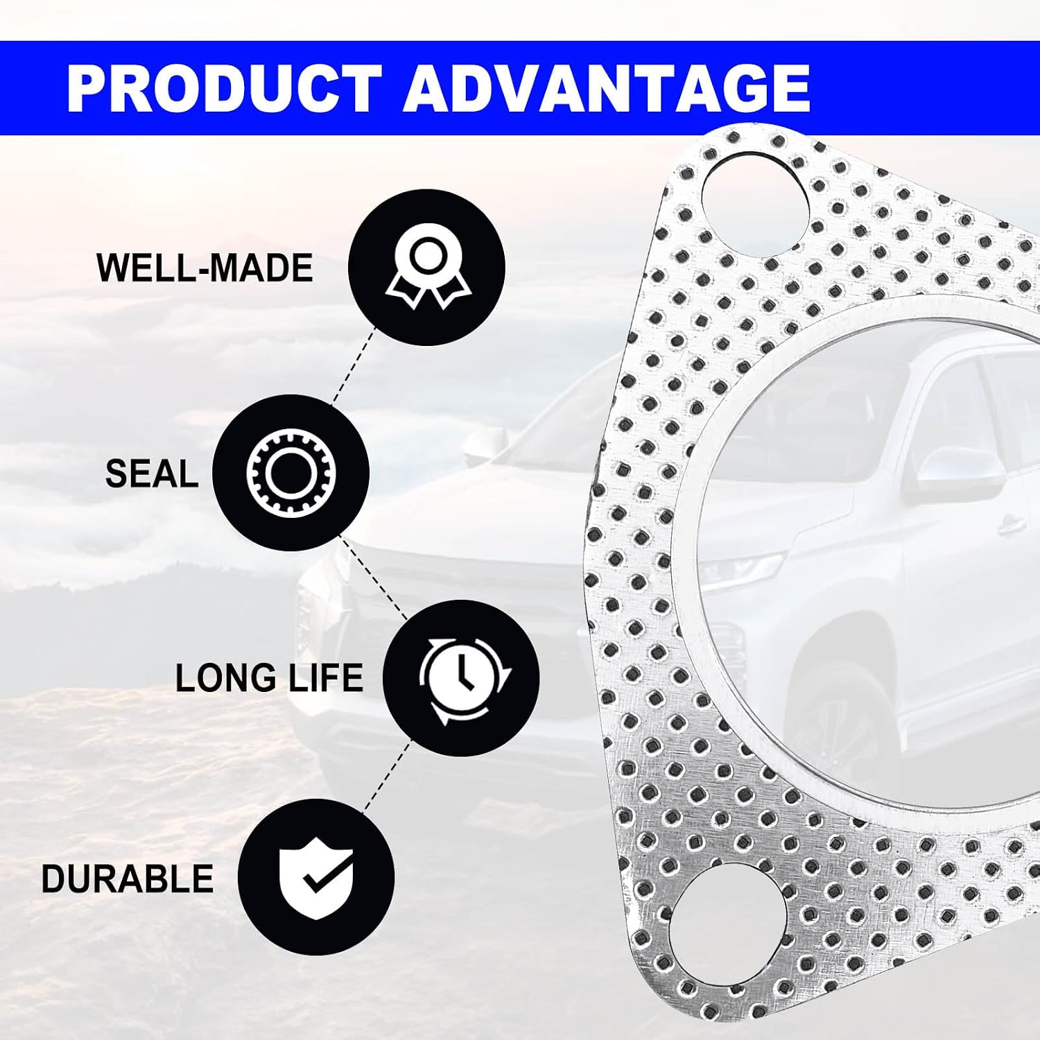 2 PCS Car Exhaust Gaskets, 2.5" 3-Bolt Exhaust Pipe Connector Gasket, Stainless Steel High-Temp Resistant Exhaust Gasket Replacement, Universal for Most Cars (Silver)