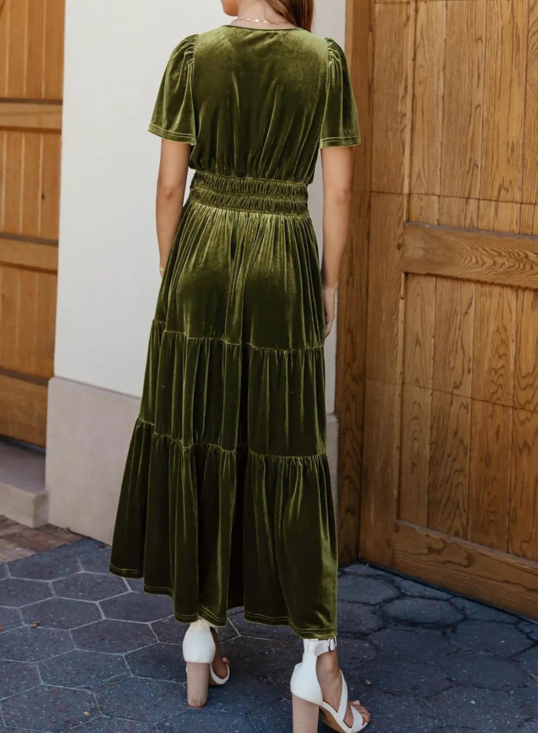 R.Vivimos Women's Fall Winter Vintage Velvet Dress Short Sleeve V Neck Elastic Waist Tiered Ruffle A-Line Flowy Maxi Dress - Image 5