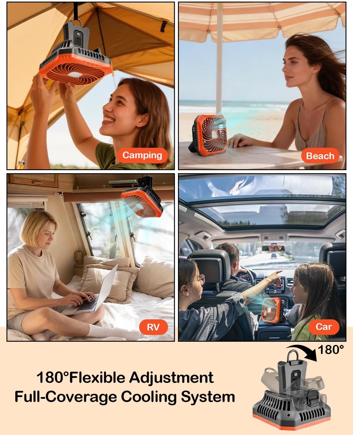 Odoland Portable Camping Fan with LED Lantern, 40H Rechargeable Battery Operated Quiet Tent Fan with Hanging Hook for RV Car Beach Outdoor Hurricane Emergency Outages