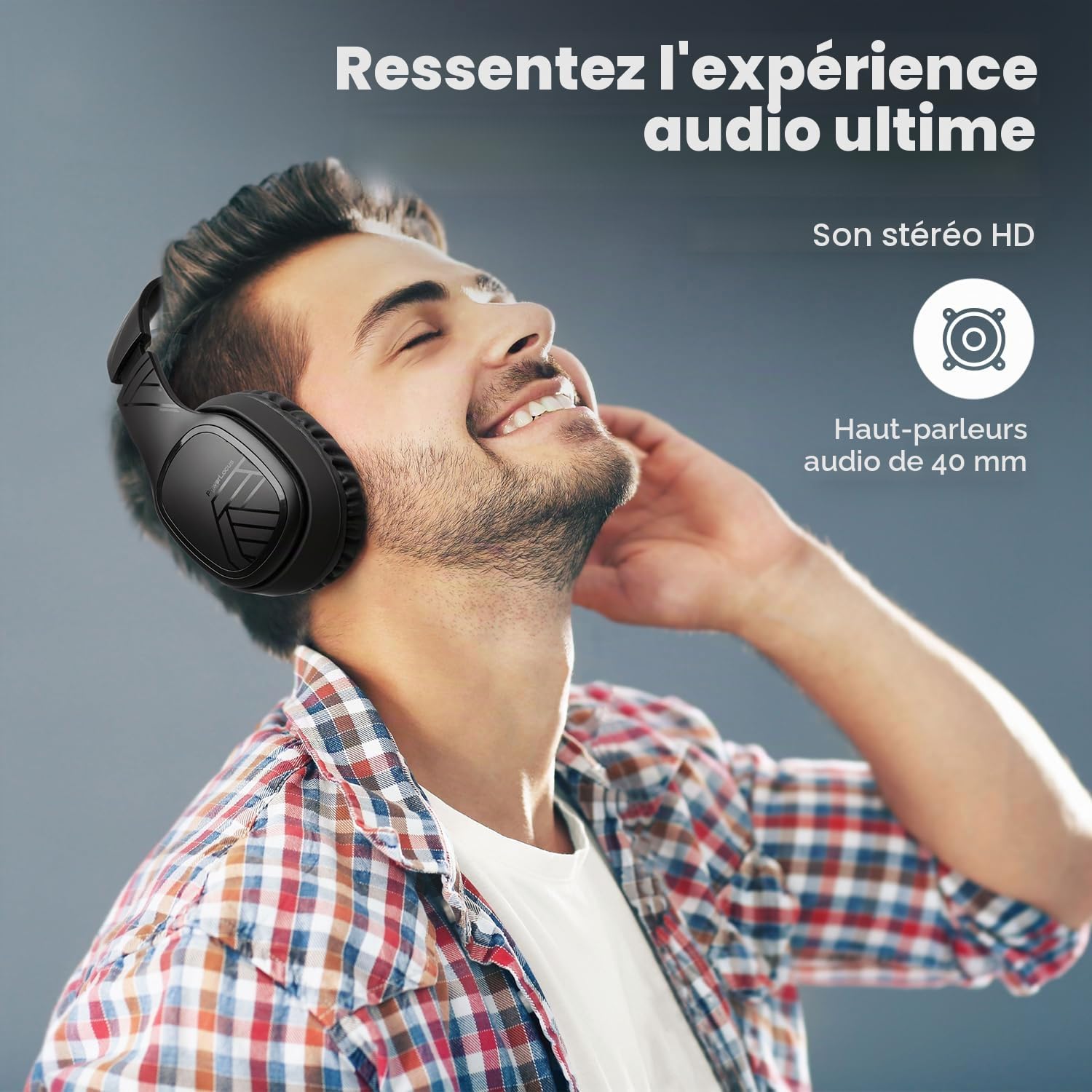 PowerLocus Casque Bluetooth sans Fil, 60 Heures, Casque Audio Bluetooth Pliable avec Microphone, Casque sur l'oreille Confortable, Son stéréo pour Voyage/iPhone/iPad/TV/PC
