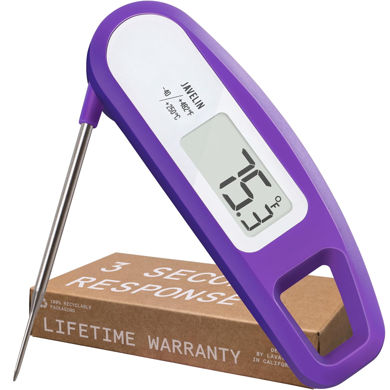 Lavatools Javelin® Ultra-Fast 2-Second Digital Instant Read Meat Thermometer for Grill and Cooking, 2.75″ Probe, Compact Foldable Design, Large Display, IP65 Water Resistant, NSF Certified – Ube