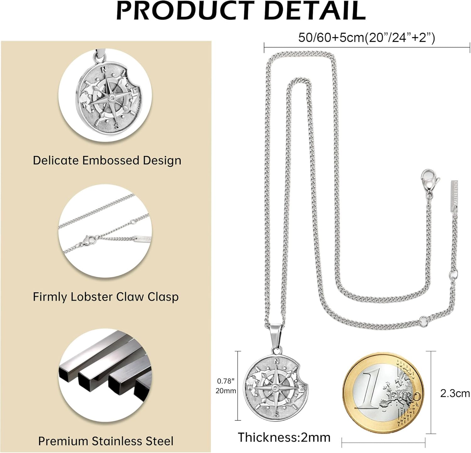 murtoo Halsketting voor heren met kompashanger, muntketting, uniseks, zilver of goud, cadeau-idee voor dames en heren, 50cm, Roestvrij staal, Zonder stenen