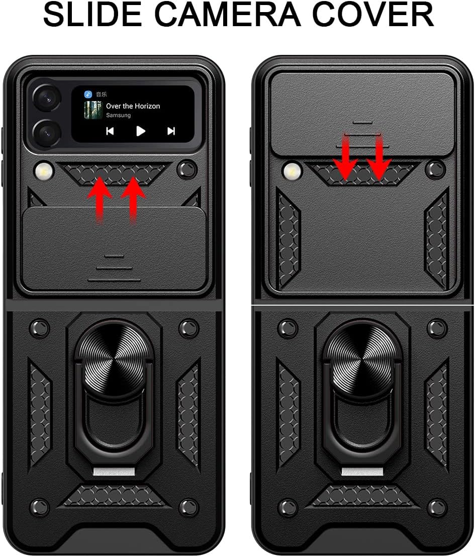 AICase for Samsung Galaxy Z Flip 4 Case, with Ring Kickstand and Camera Cover, Shockproof Flip Phone Case for Galaxy Z Flip 4 5G [Support Magnetic Car Mount], Black