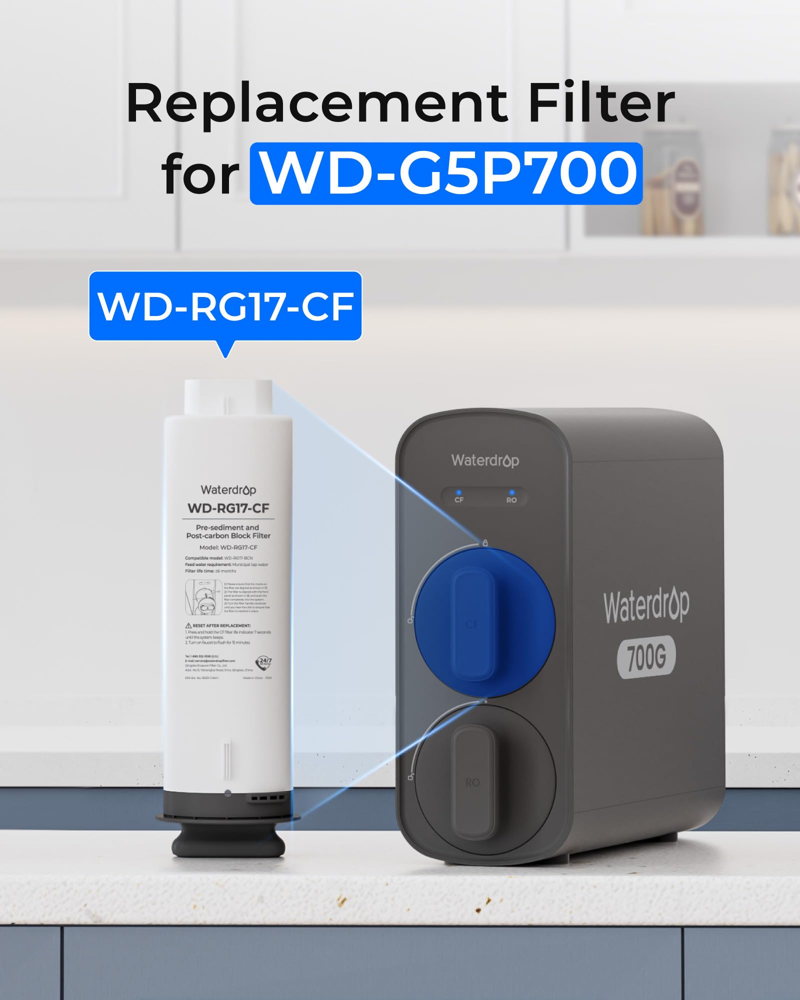 Waterdrop WD-G5P700-CF Filter, Replacement for WD-G5P700 Undersink Reverse Osmosis System, 6-Month Lifetime - Image 2