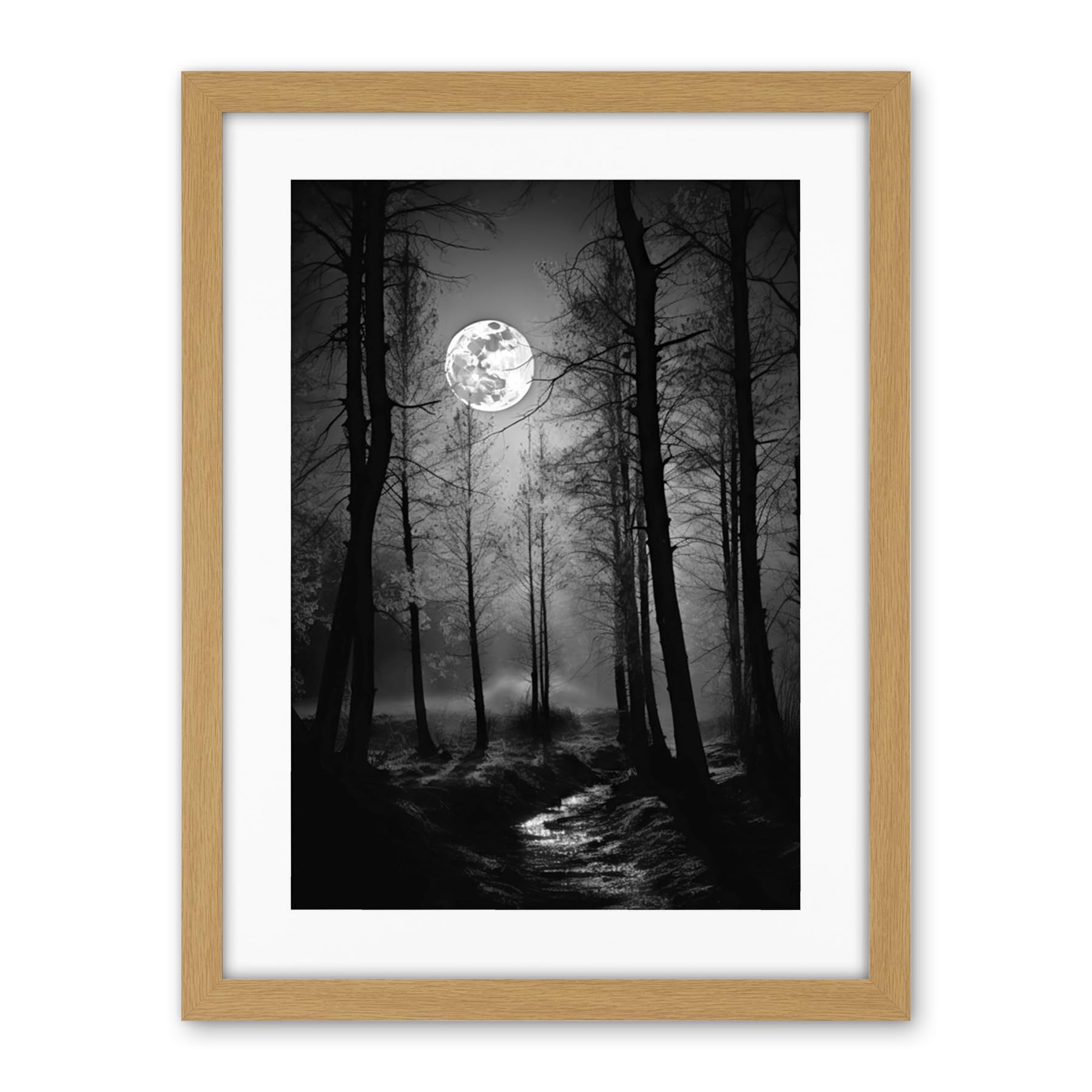 Artery8 Full Moon Over Misty Forest Black and White Photo Artwork Framed Wall Art Print 18X24 Inch