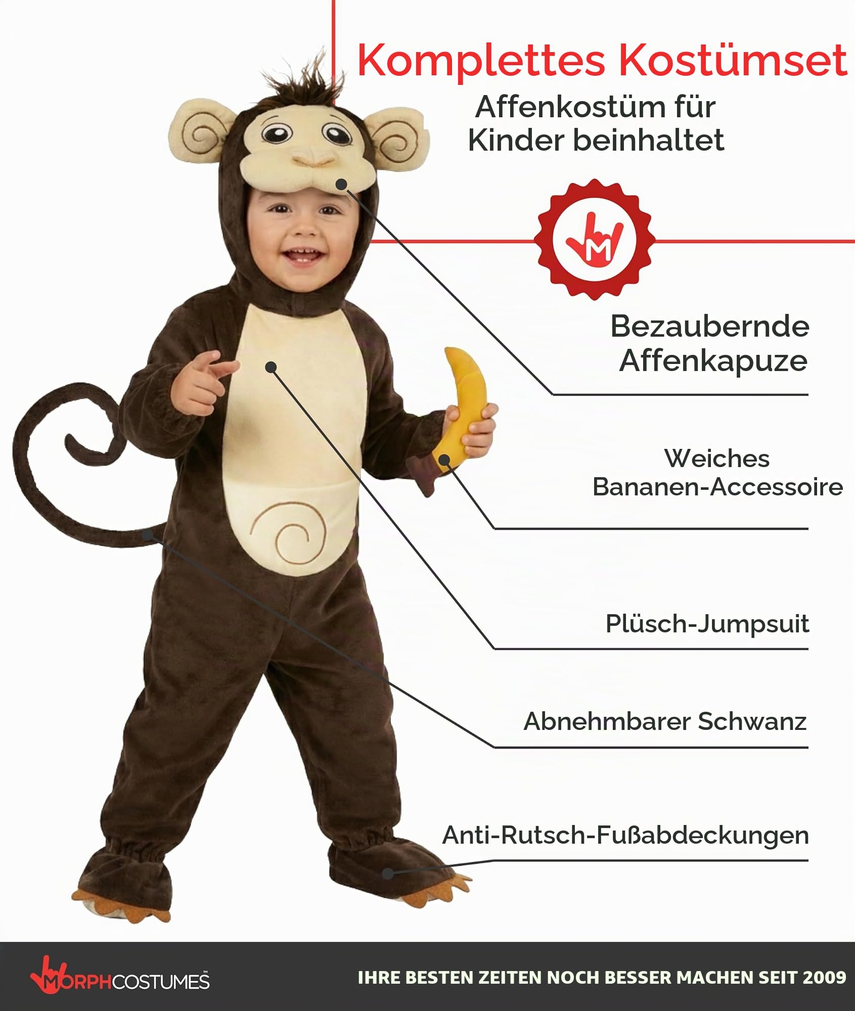 Morph Affen Kostüm Kinder, Tierisches Halloween Kostüm Kinder | Plüsch-Body, Kapuze, Schwanz & Plüsch-Banane, Braun, Zum Überziehen, Perfekt für Halloween, Ideal für Rollenspiele